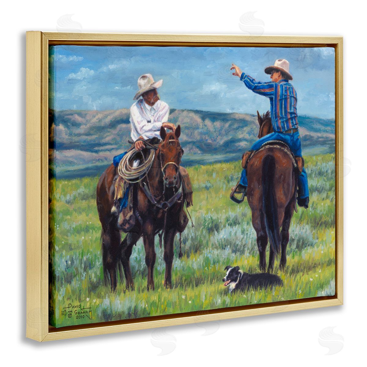 Cowboy Logic Scene Gold Floating Frame Canvas Wall Art, Home Decor by David Graham