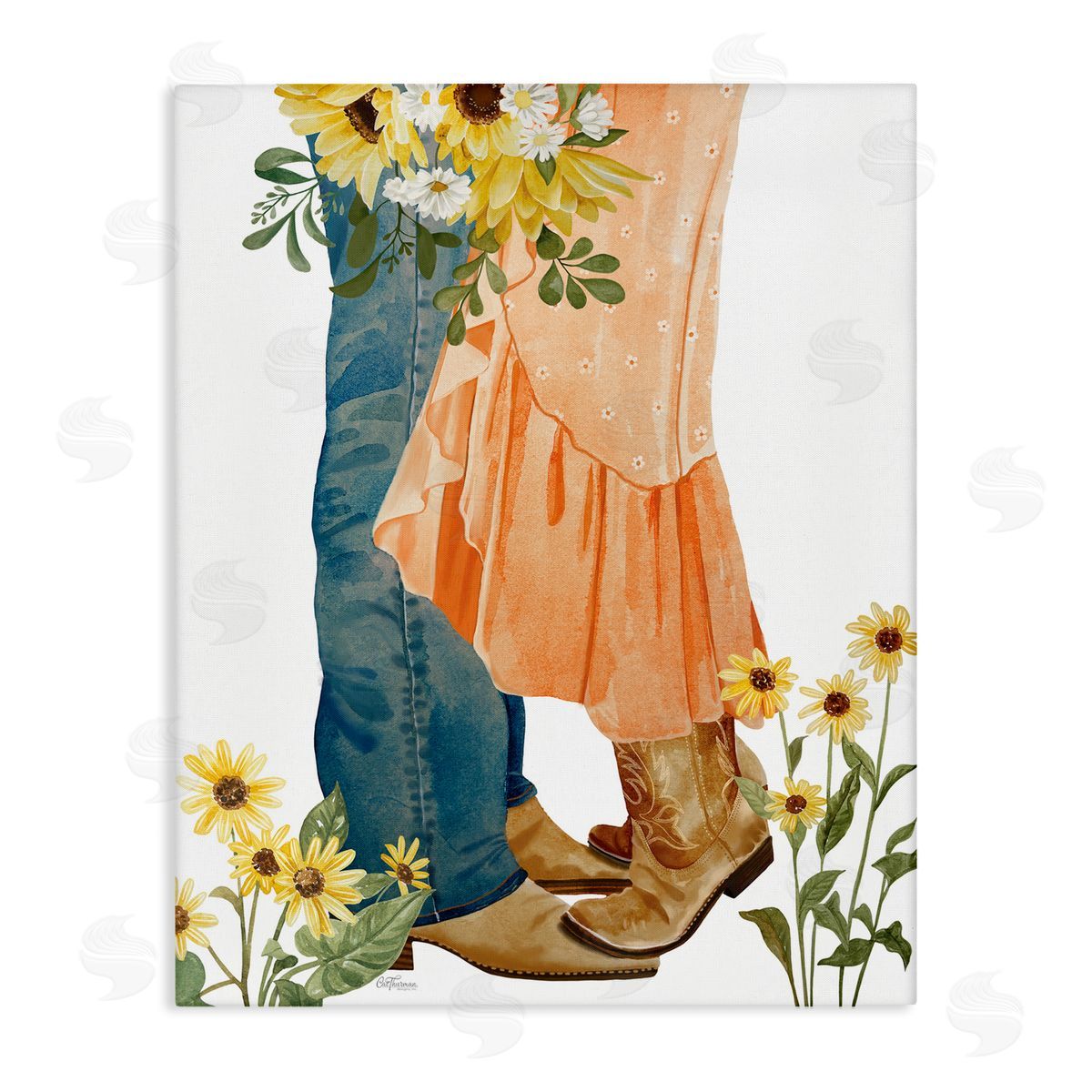 Floral Western Couple Canvas Wall Art, Home Decor by Cat Thurman Designs