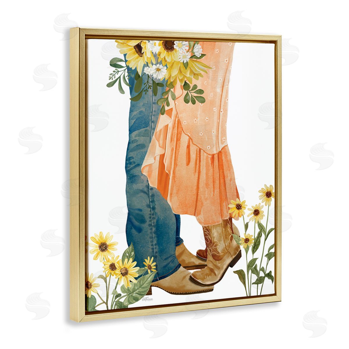 Floral Western Couple Gold Floating Frame Canvas Wall Art, Home Decor by Cat Thurman Designs