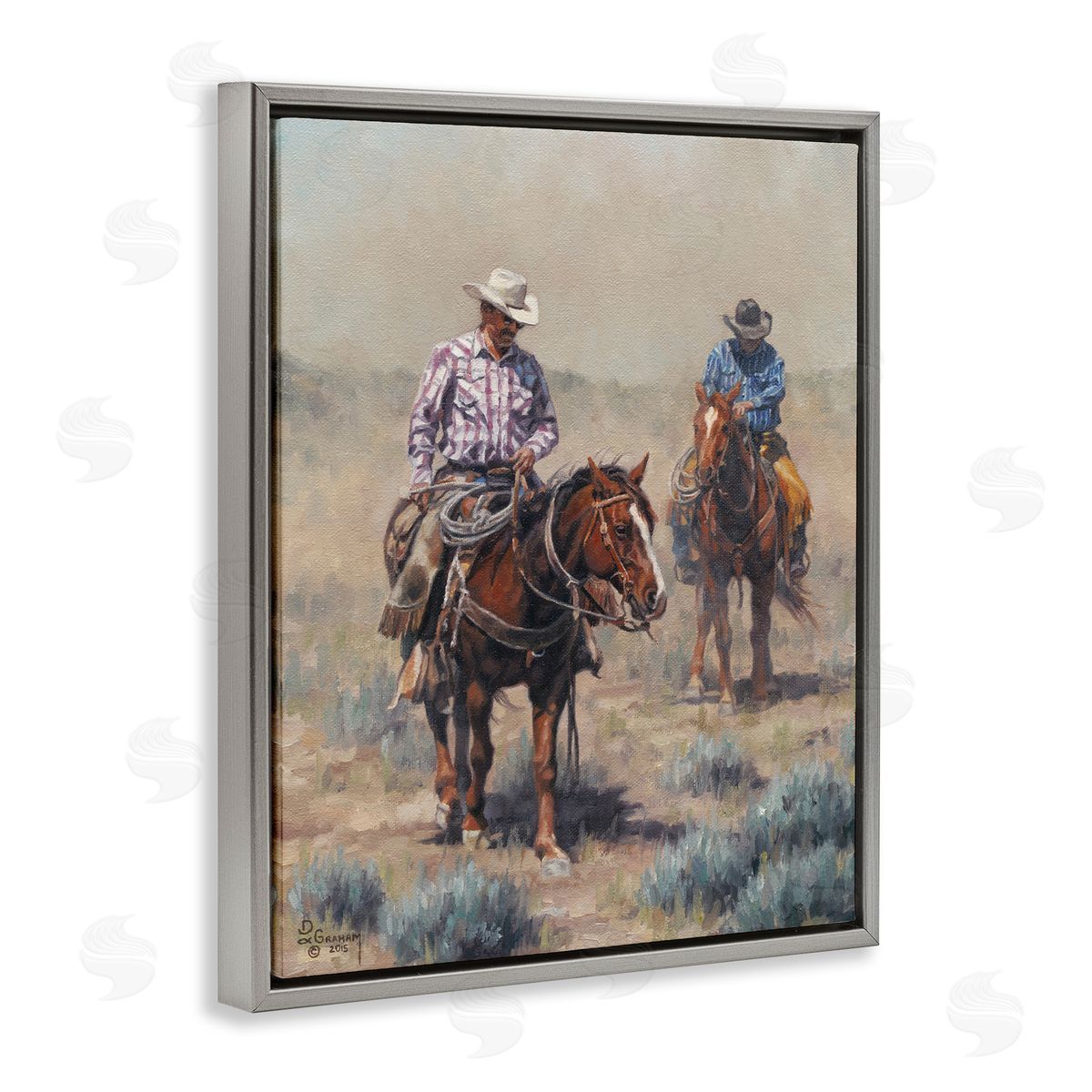 Dust Bowl Cowboys Grey Floating Frame Canvas Wall Art, Home Decor by David Graham