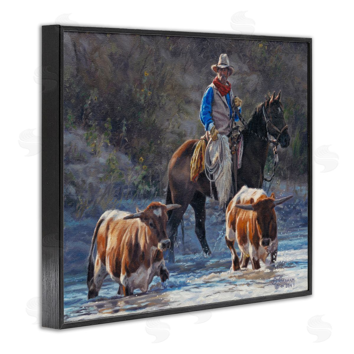Cowboy Crossing River Black Frame Print Wall Art, Home Decor by David Graham