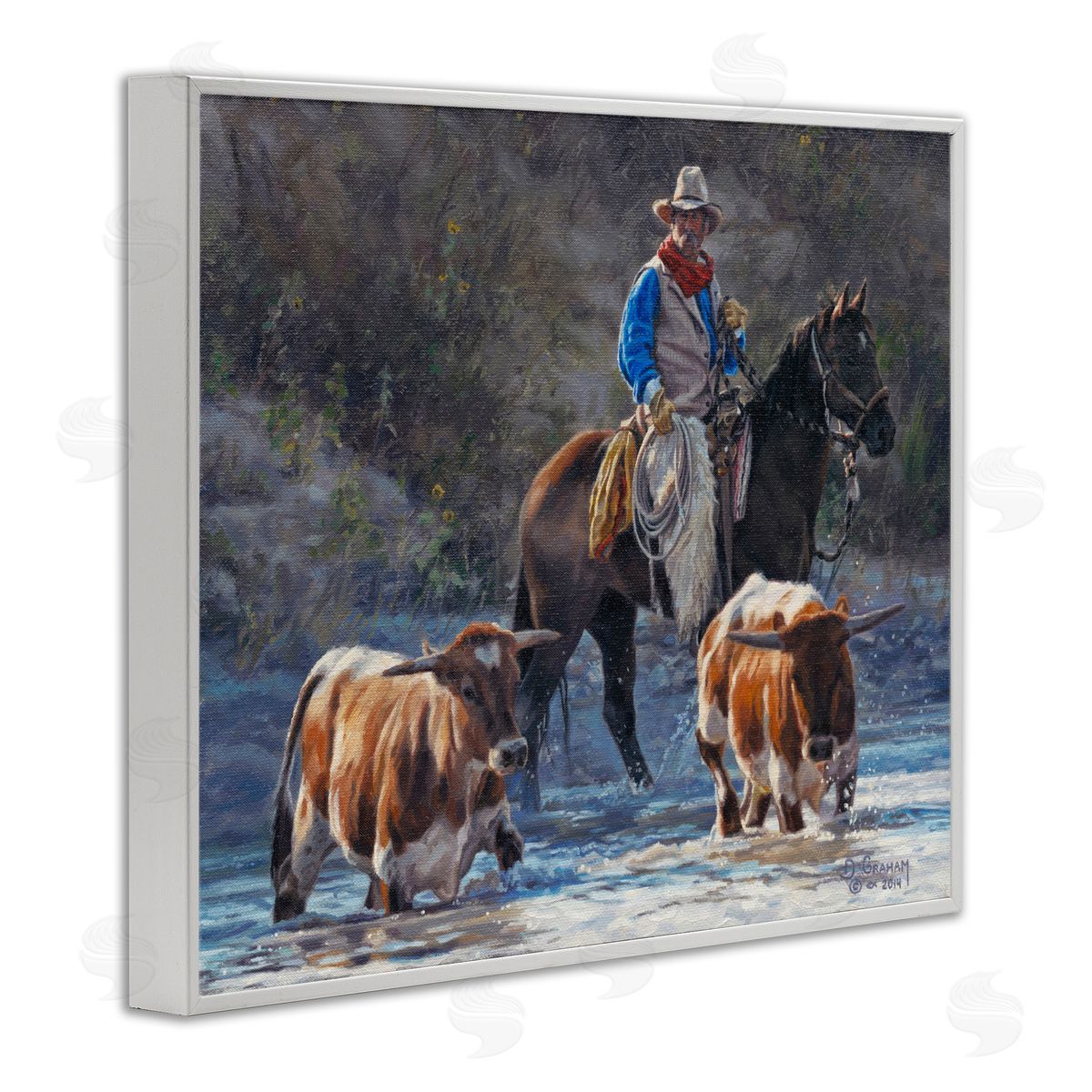 Cowboy Crossing River White Frame Print Wall Art, Home Decor by David Graham