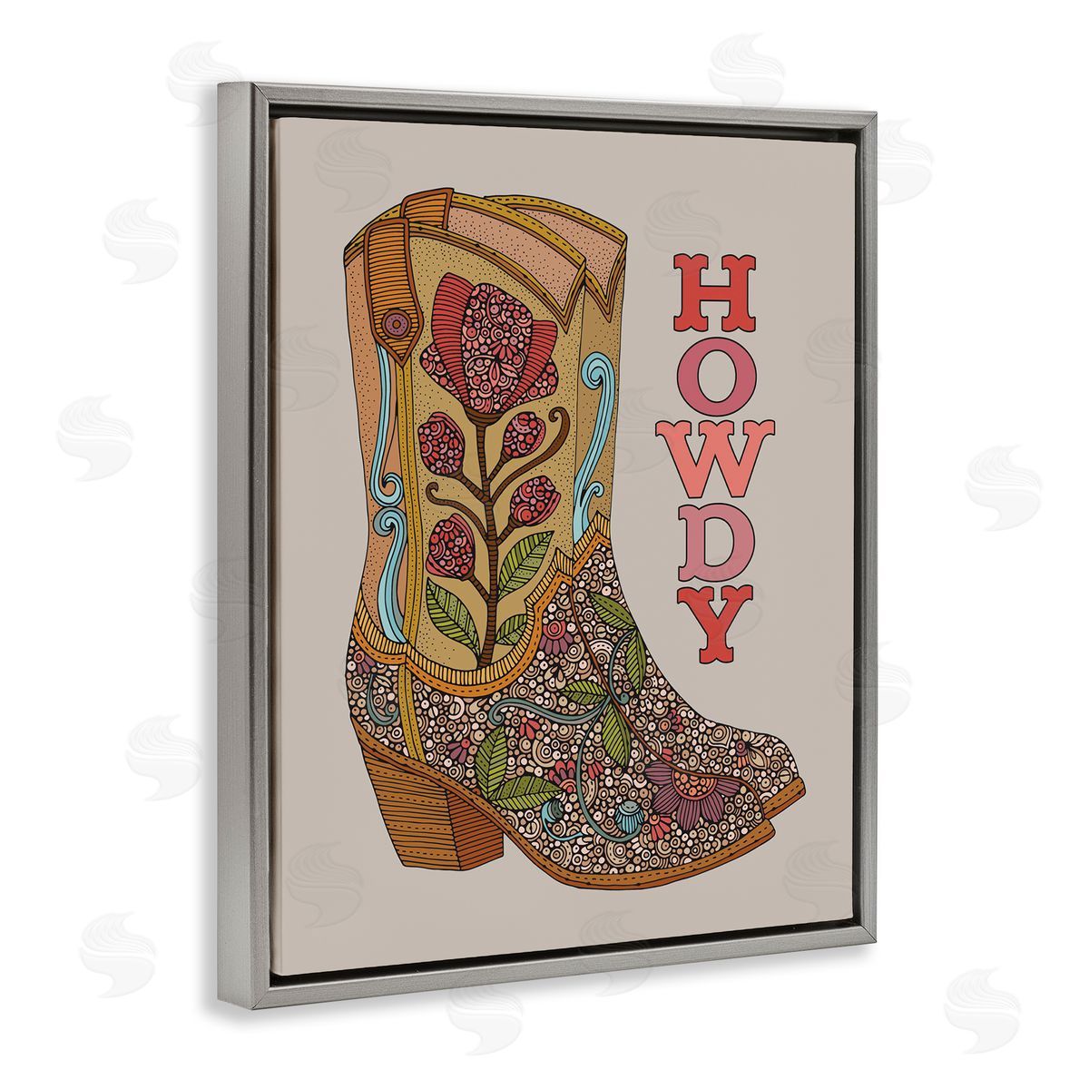 Howdy Cowboy Boots Grey Floating Frame Canvas Wall Art, Home Decor by Martina Pavlova