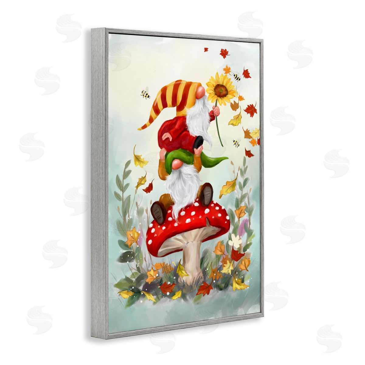 Autumn Garden Gnome Grey Frame Print Wall Art, Home Decor by Jean Francois