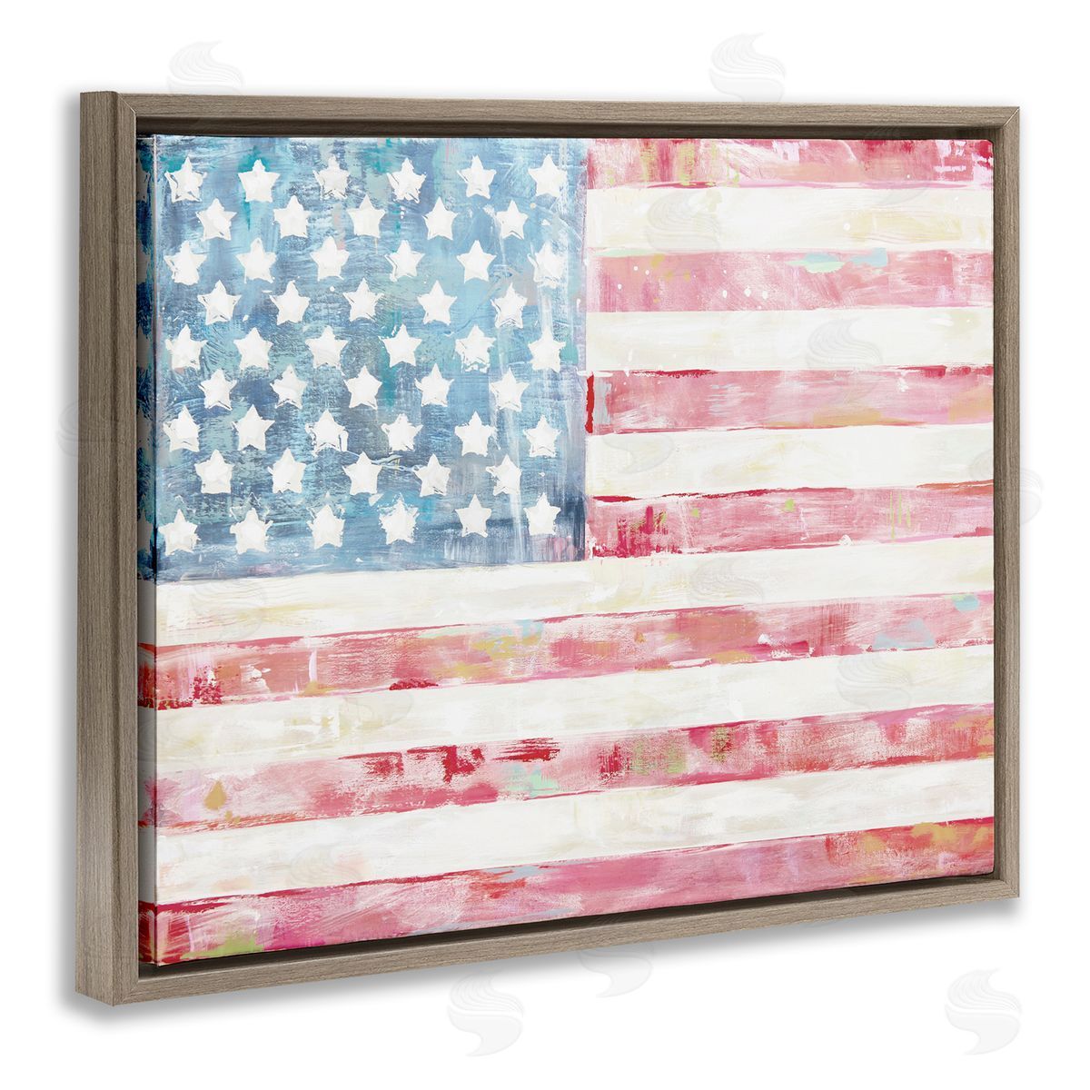 Patriotic Brushed Flag Brown Floating Frame Canvas Wall Art, Home Decor by Jenny Westenhofer