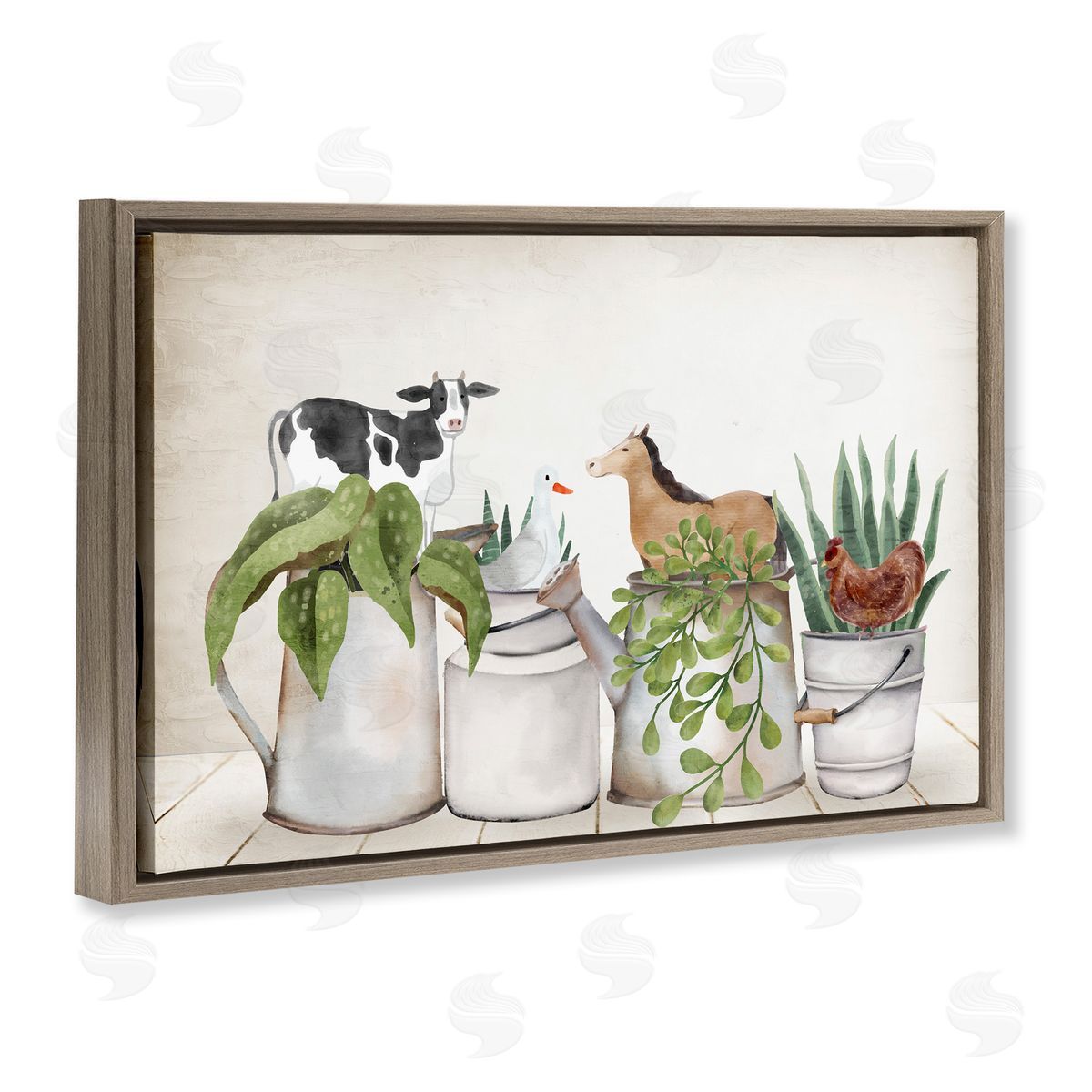 Tin Farm Animal Plants Brown Floating Frame Canvas Wall Art, Home Decor by Kim Allen