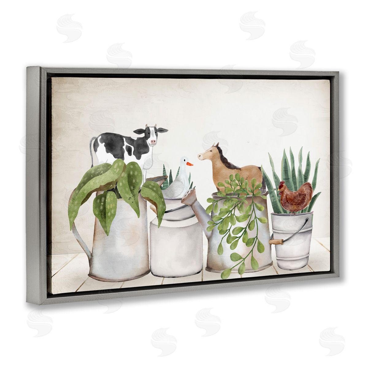 Tin Farm Animal Plants Grey Floating Frame Canvas Wall Art, Home Decor by Kim Allen
