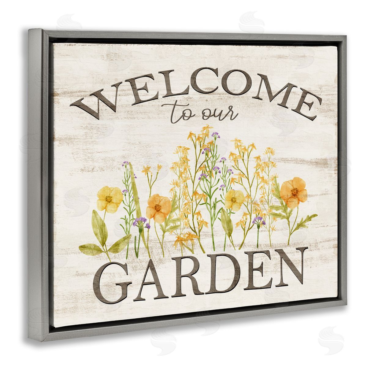 Welcome To Our Garden Grey Floating Frame Canvas Wall Art, Home Decor by Kim Allen