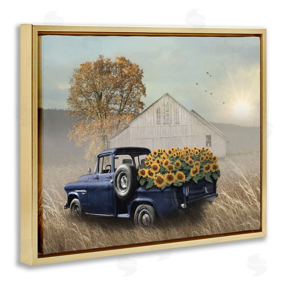 Sunflower Filled Truck Gold Floating Frame Canvas Wall Art, Home Decor by Lori Deiter