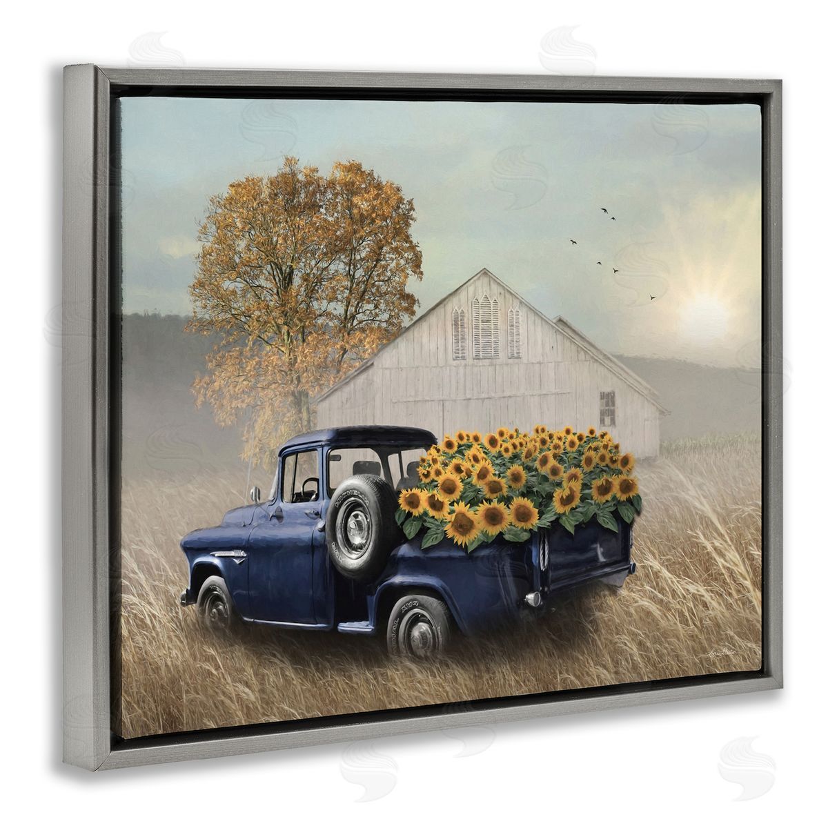 Sunflower Filled Truck Grey Floating Frame Canvas Wall Art, Home Decor by Lori Deiter
