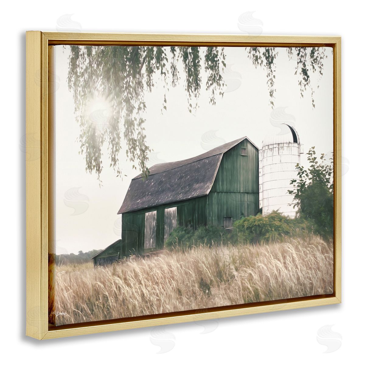 Green Rustic Barn Gold Floating Frame Canvas Wall Art, Home Decor by Lori Deiter
