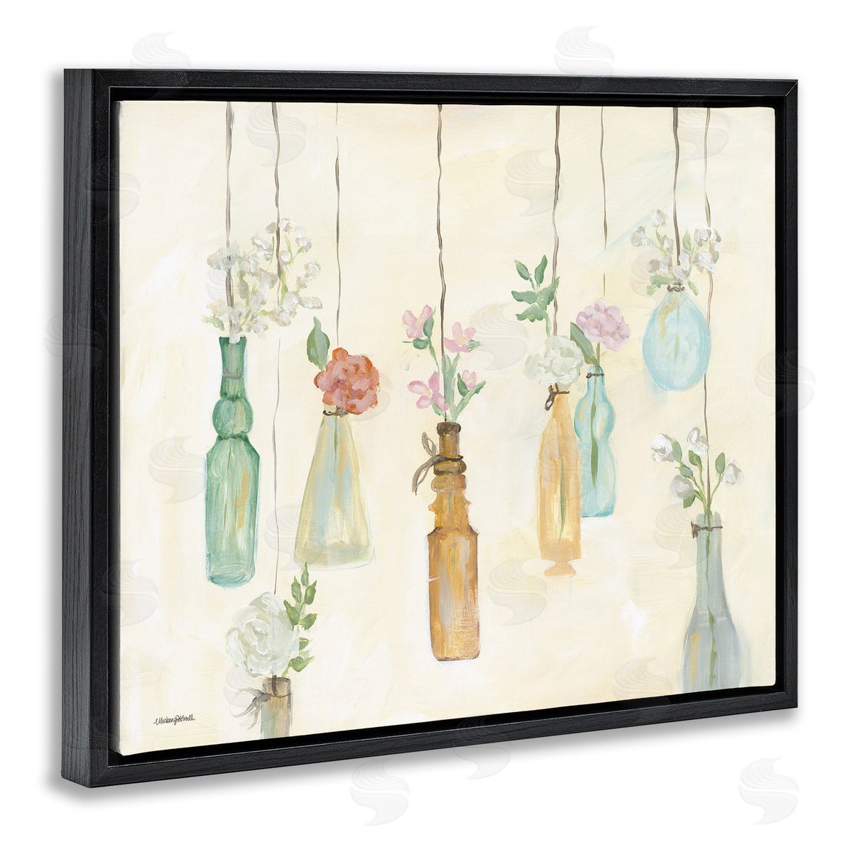 Hanging Floral Bottles Black Floating Frame Canvas Wall Art, Home Decor by Mackenzie Kissell