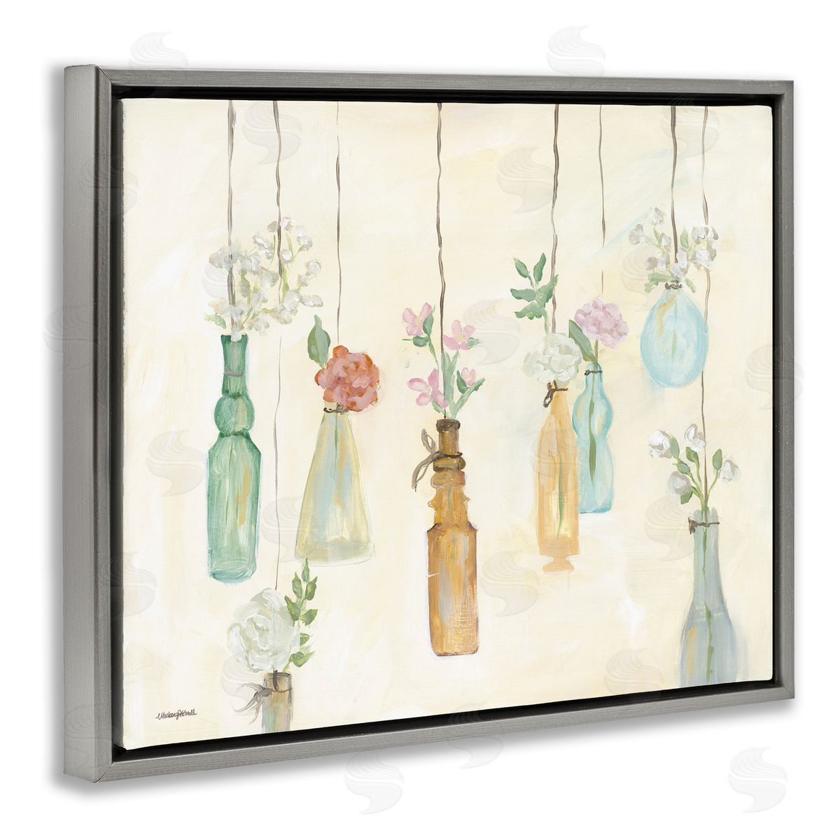 Hanging Floral Bottles Grey Floating Frame Canvas Wall Art, Home Decor by Mackenzie Kissell