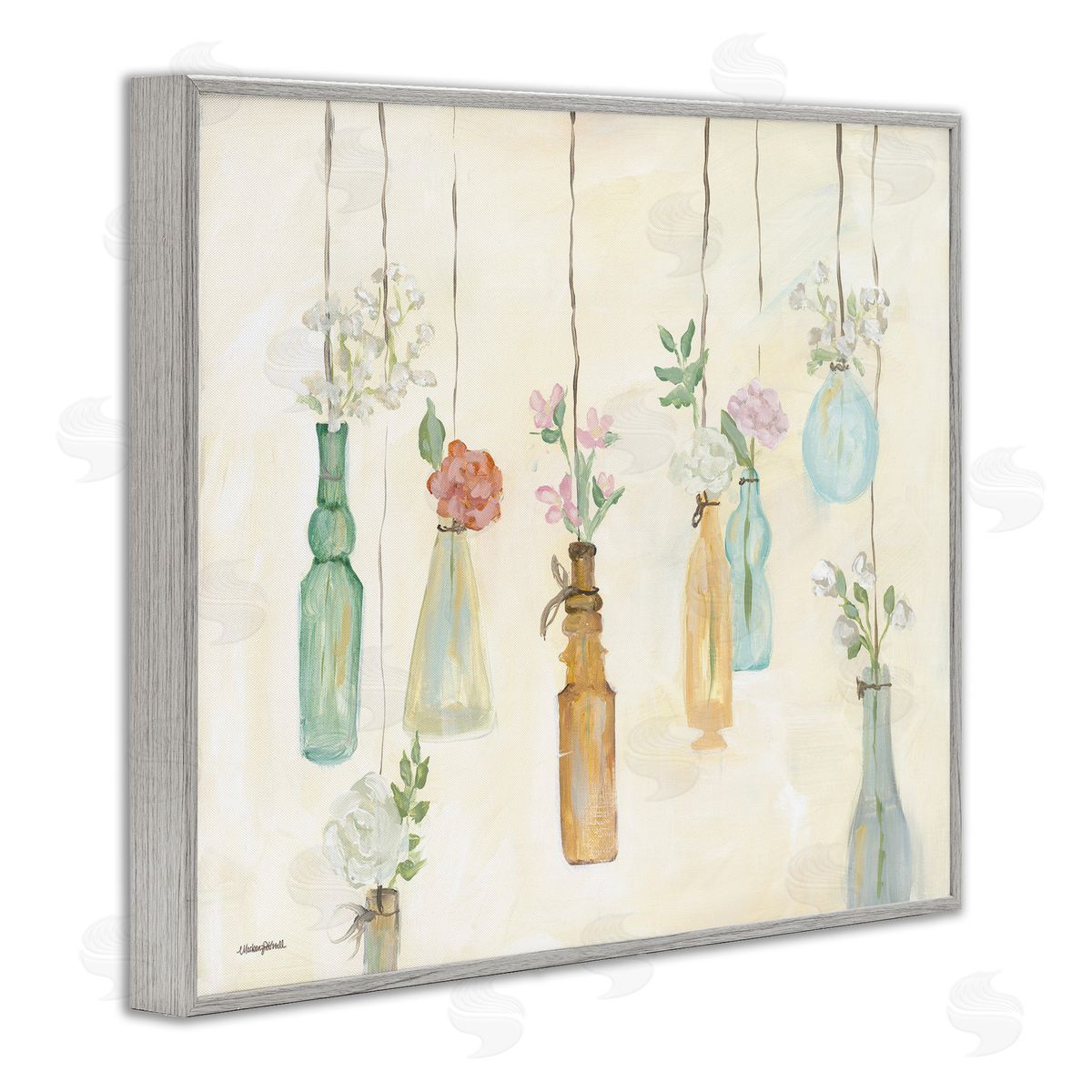 Hanging Floral Bottles Grey Frame Print Wall Art, Home Decor by Mackenzie Kissell