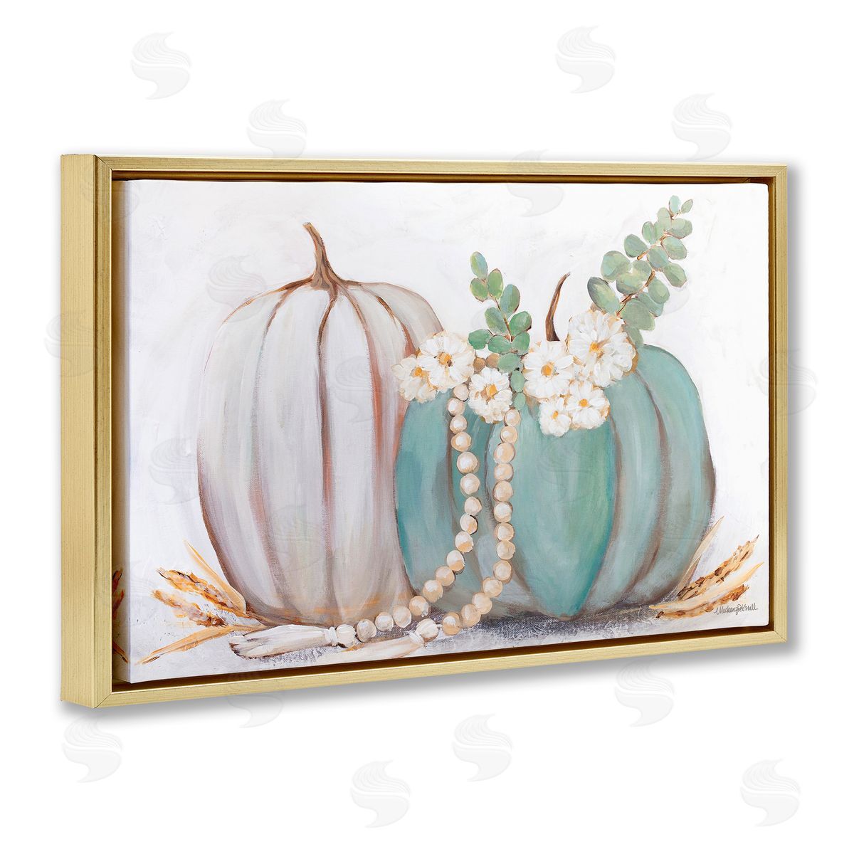 Country Fall Pumpkins Gold Floating Frame Canvas Wall Art, Home Decor by Mackenzie Kissell