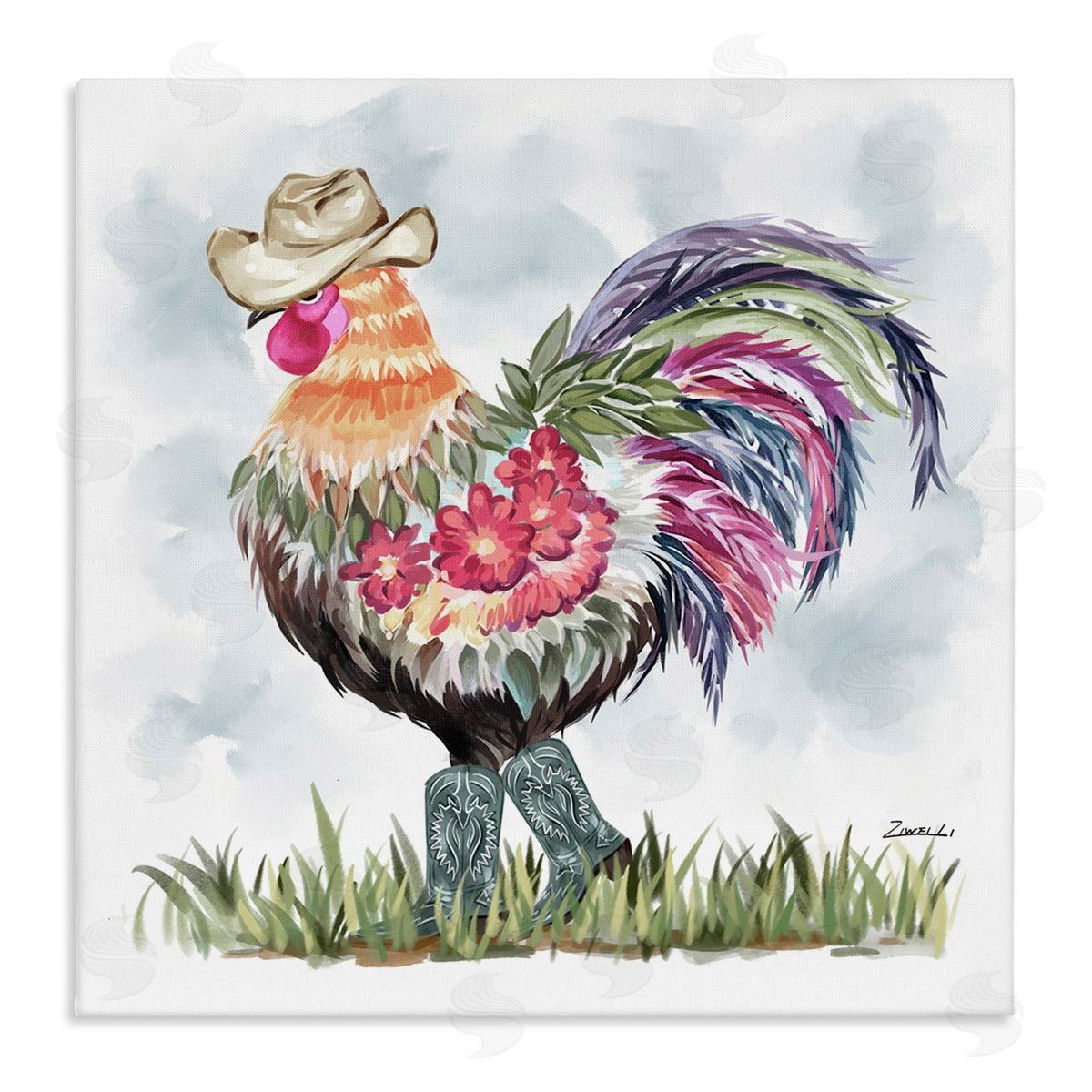 Cowboy Floral Hen Canvas Wall Art, Home Decor by Ziwei Li