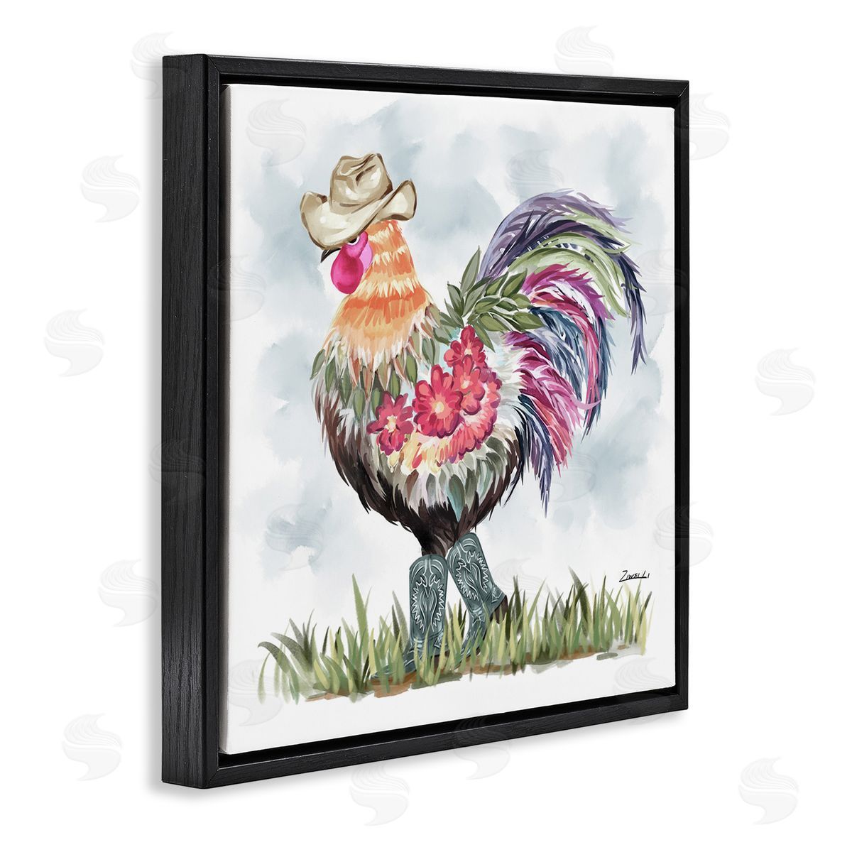 Cowboy Floral Hen Black Floating Frame Canvas Wall Art, Home Decor by Ziwei Li
