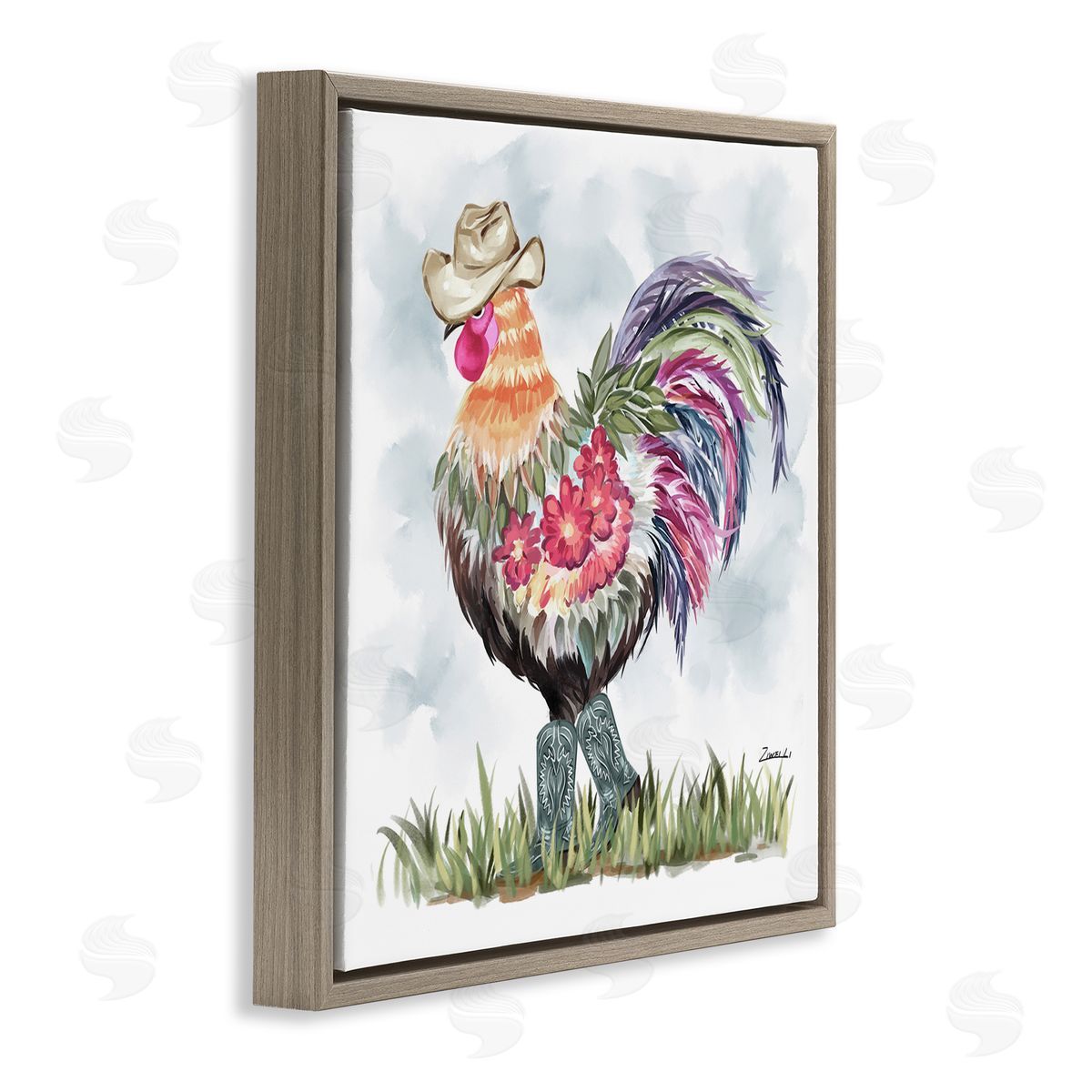 Cowboy Floral Hen Brown Floating Frame Canvas Wall Art, Home Decor by Ziwei Li