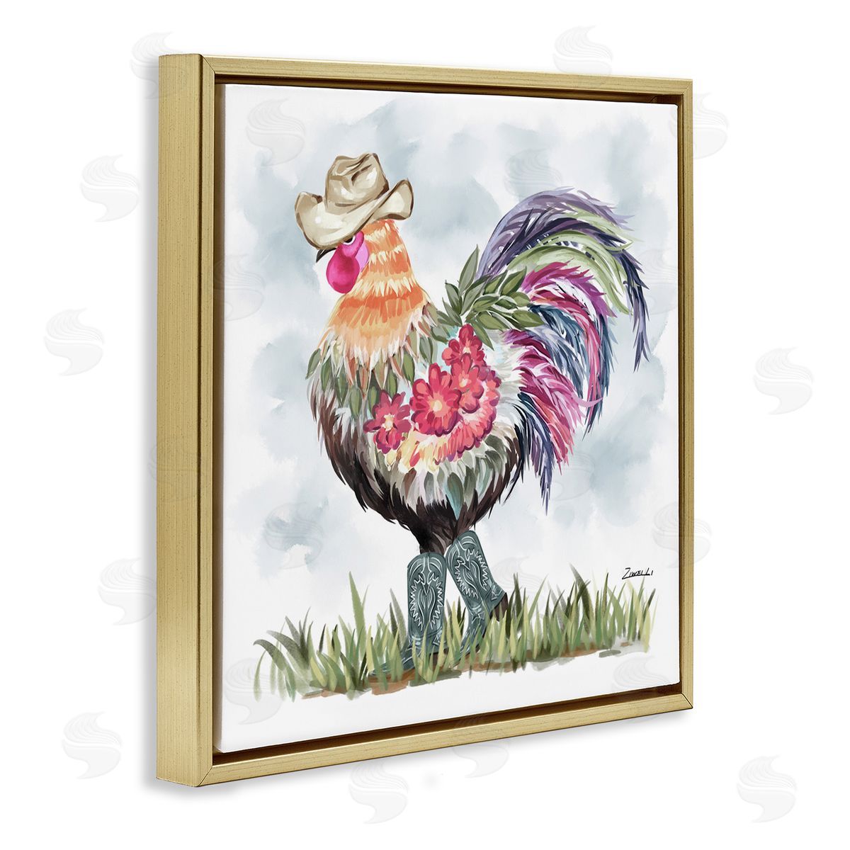 Cowboy Floral Hen Gold Floating Frame Canvas Wall Art, Home Decor by Ziwei Li