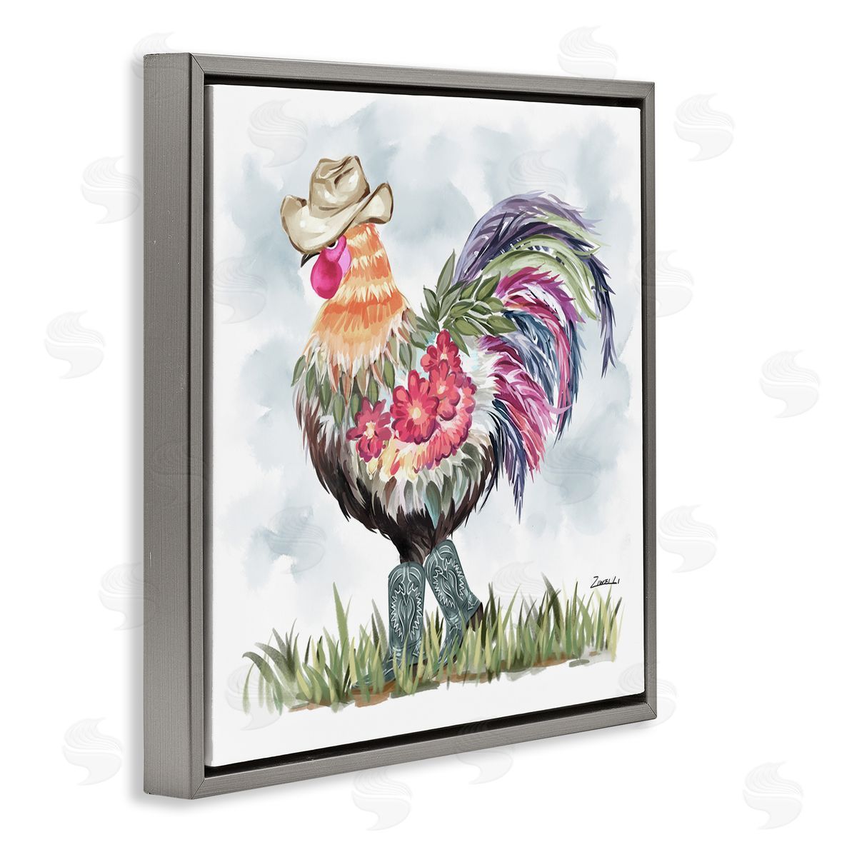 Cowboy Floral Hen Grey Floating Frame Canvas Wall Art, Home Decor by Ziwei Li