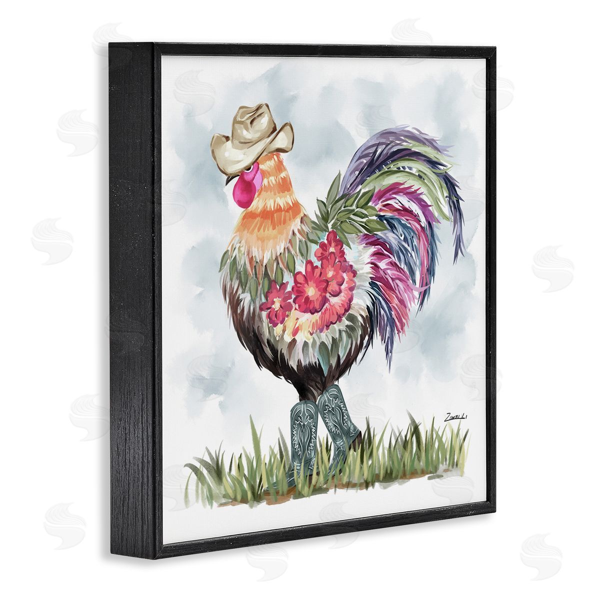 Cowboy Floral Hen Black Frame Print Wall Art, Home Decor by Ziwei Li