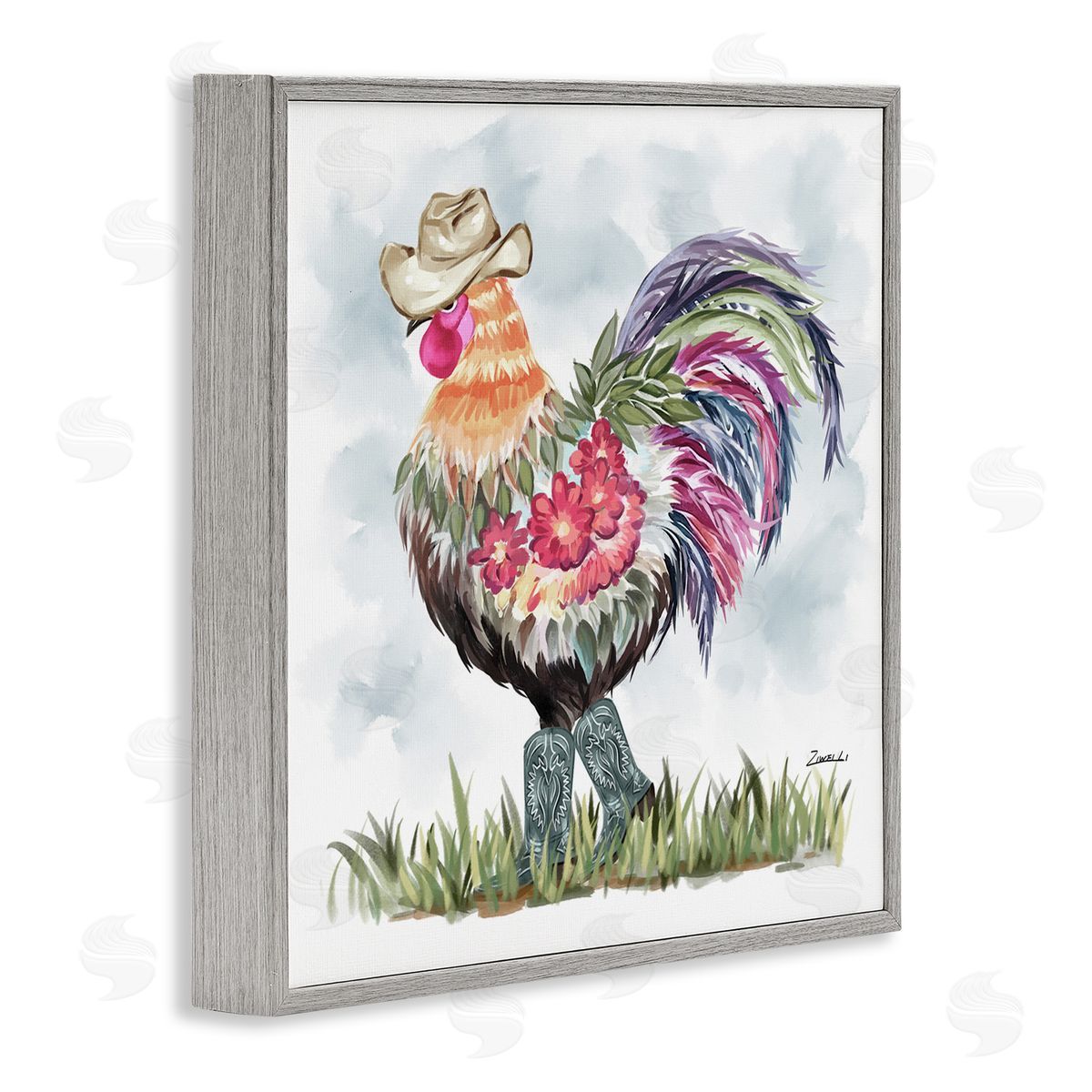 Cowboy Floral Hen Grey Frame Print Wall Art, Home Decor by Ziwei Li