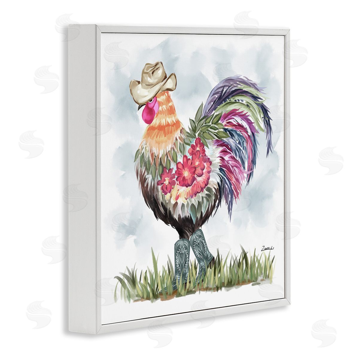 Cowboy Floral Hen White Frame Print Wall Art, Home Decor by Ziwei Li