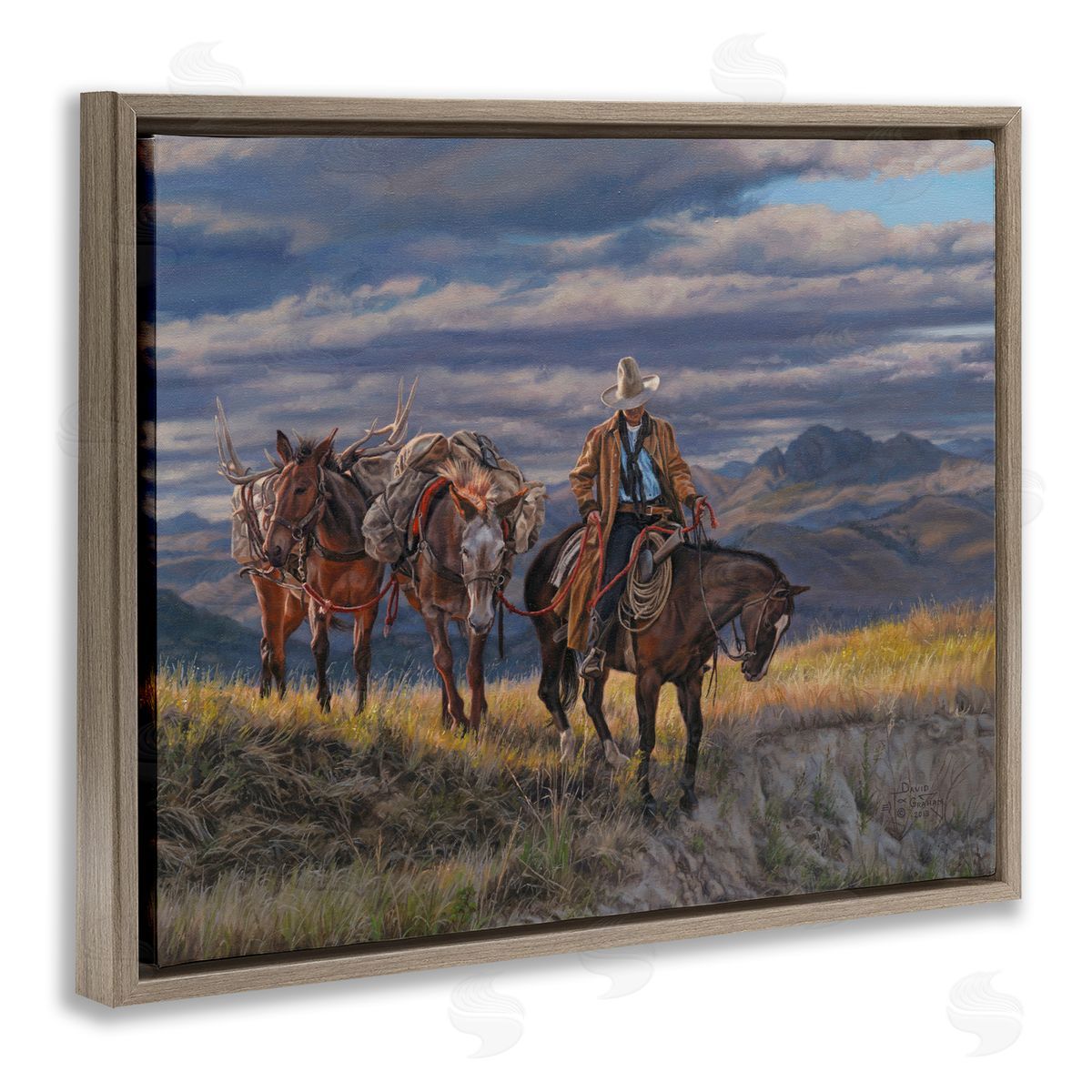 Sauntering Cowboy and Horses Brown Floating Frame Canvas Wall Art, Home Decor by David Graham