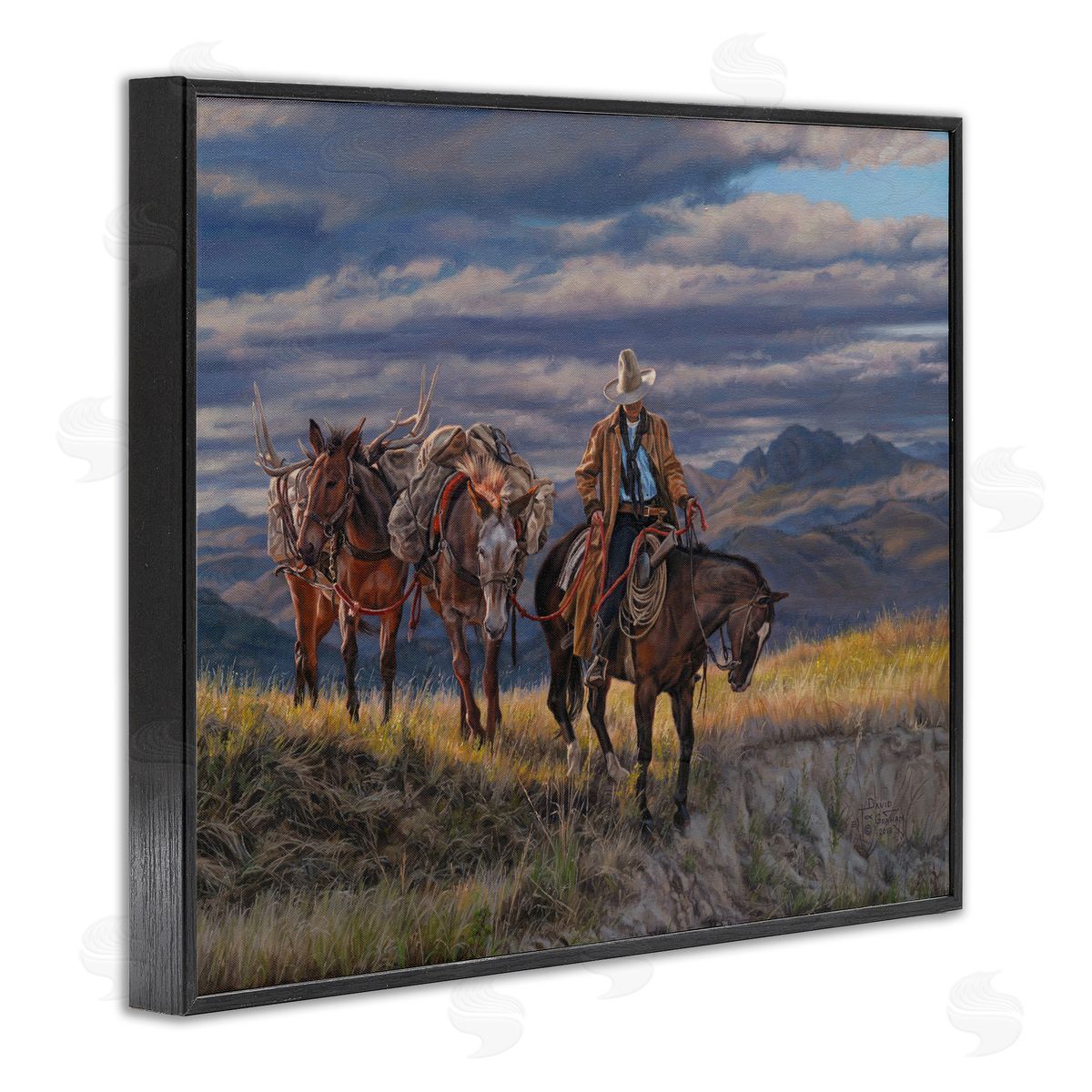 Sauntering Cowboy and Horses Black Frame Print Wall Art, Home Decor by David Graham
