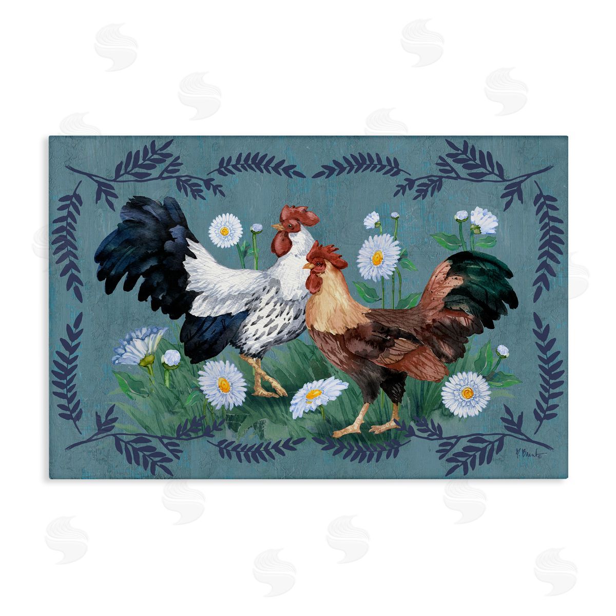 Roosters with Fern Trim Canvas Wall Art, Home Decor by Paul Brent