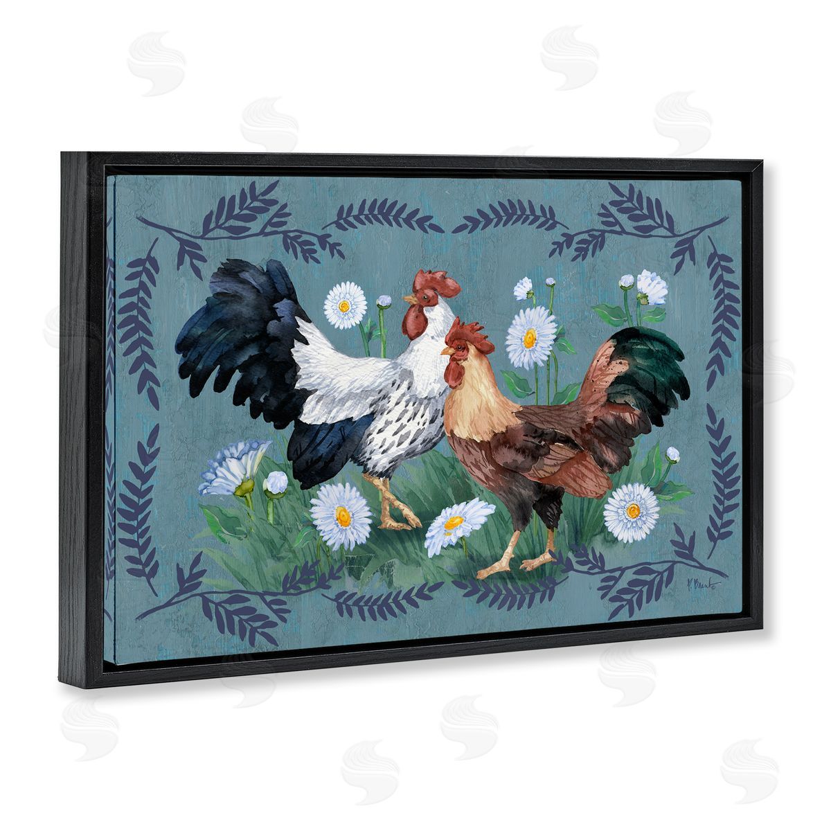 Roosters with Fern Trim Black Floating Frame Canvas Wall Art, Home Decor by Paul Brent