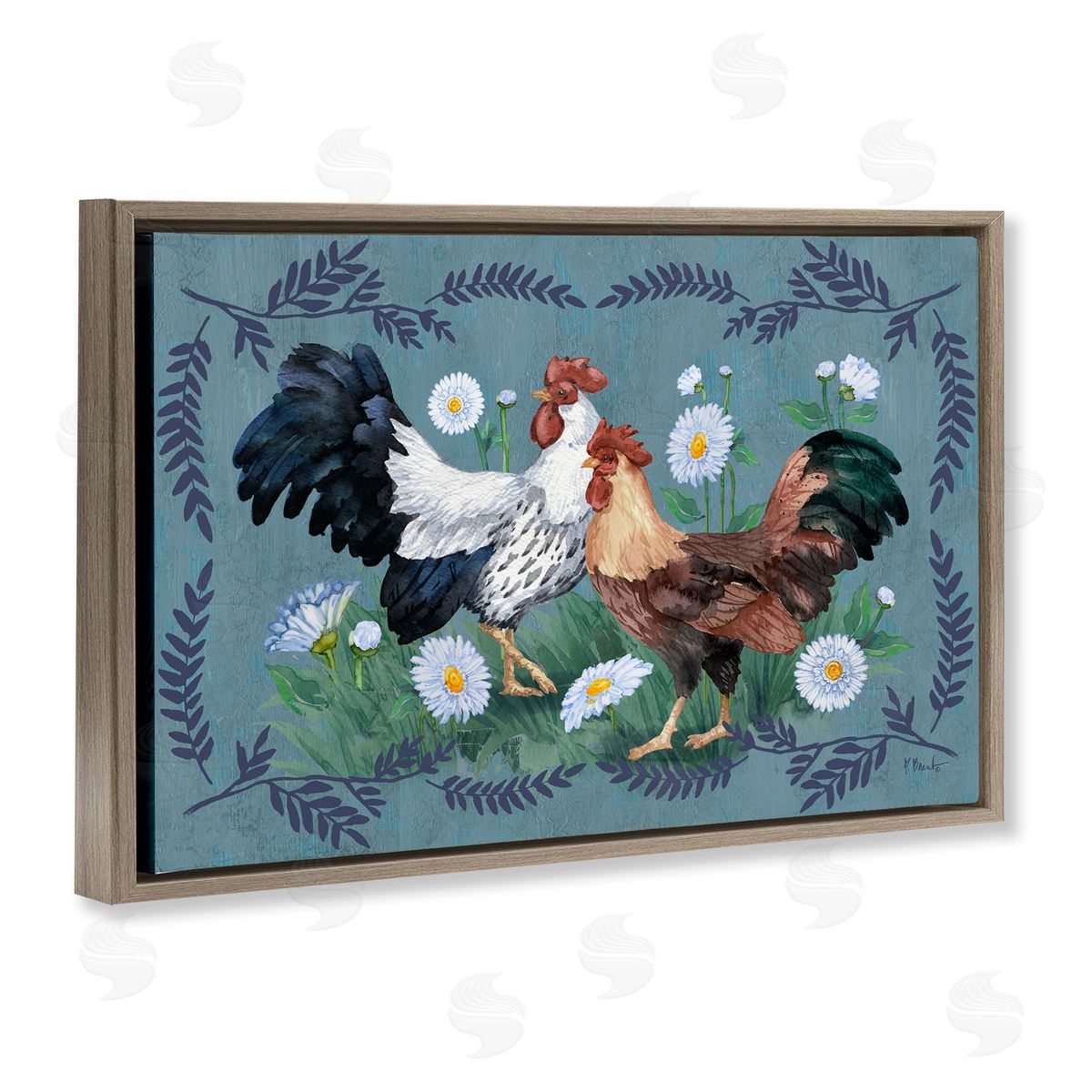 Roosters with Fern Trim Brown Floating Frame Canvas Wall Art, Home Decor by Paul Brent
