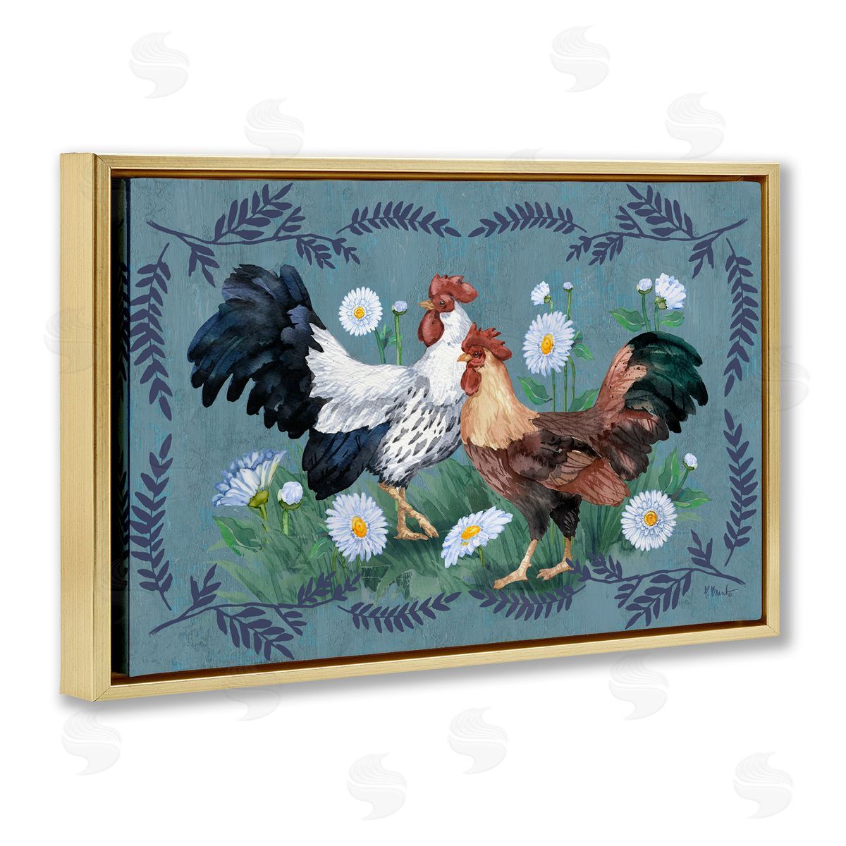 Roosters with Fern Trim Gold Floating Frame Canvas Wall Art, Home Decor by Paul Brent