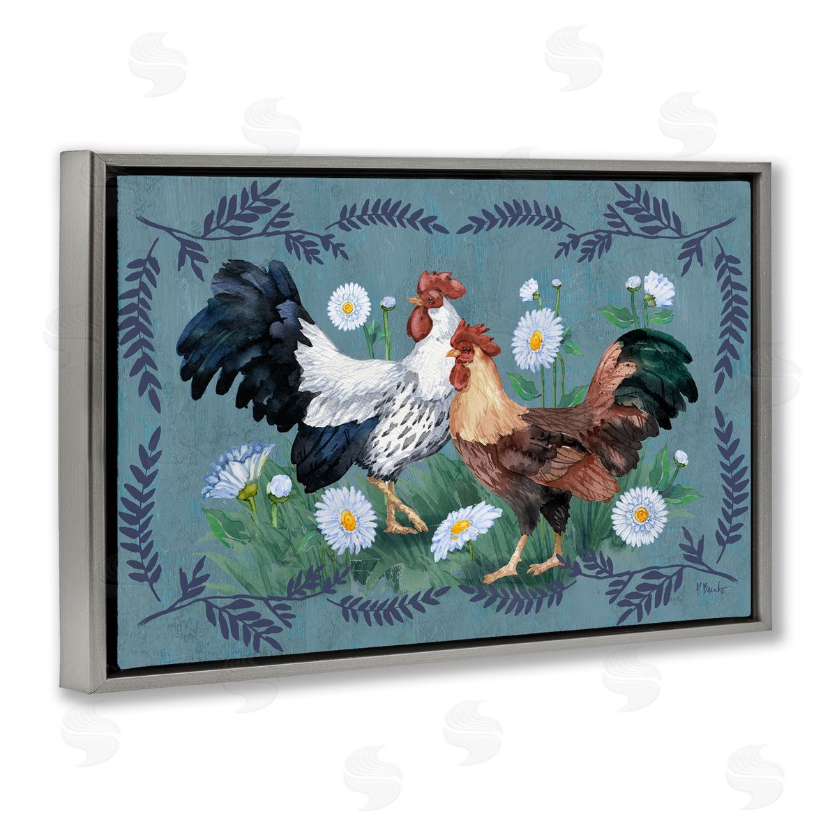 Roosters with Fern Trim Grey Floating Frame Canvas Wall Art, Home Decor by Paul Brent