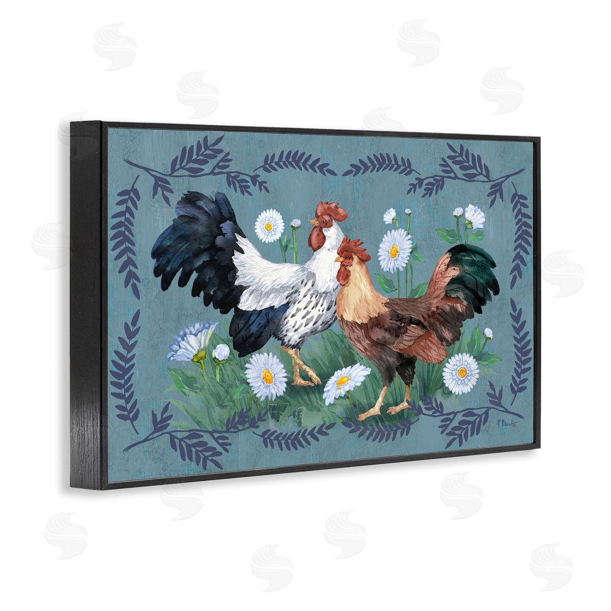Roosters with Fern Trim Black Frame Print Wall Art, Home Decor by Paul Brent