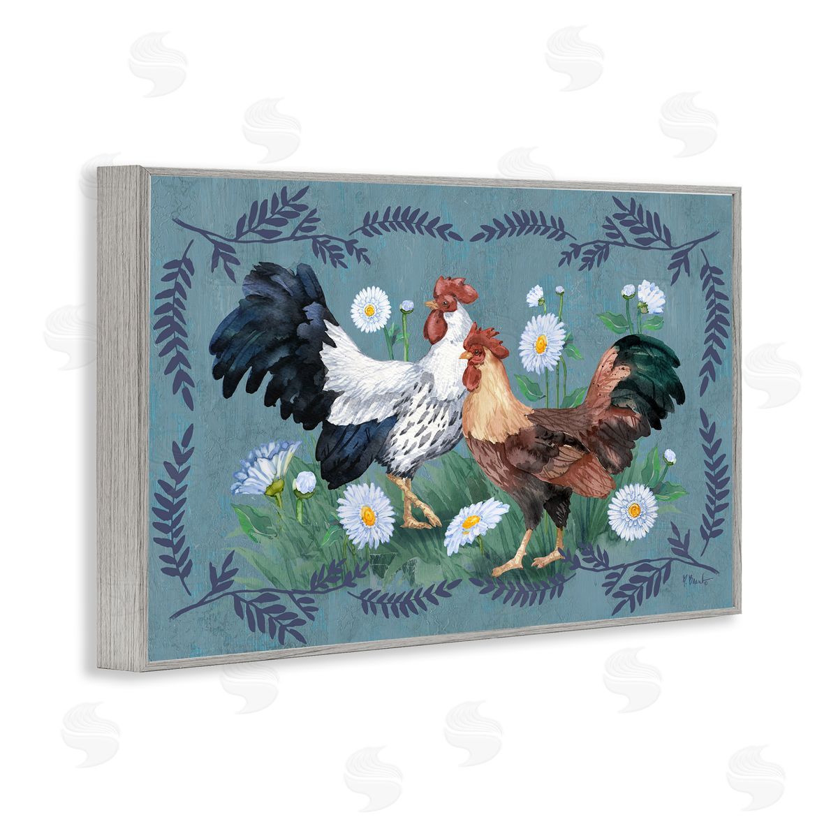 Roosters with Fern Trim Grey Frame Print Wall Art, Home Decor by Paul Brent