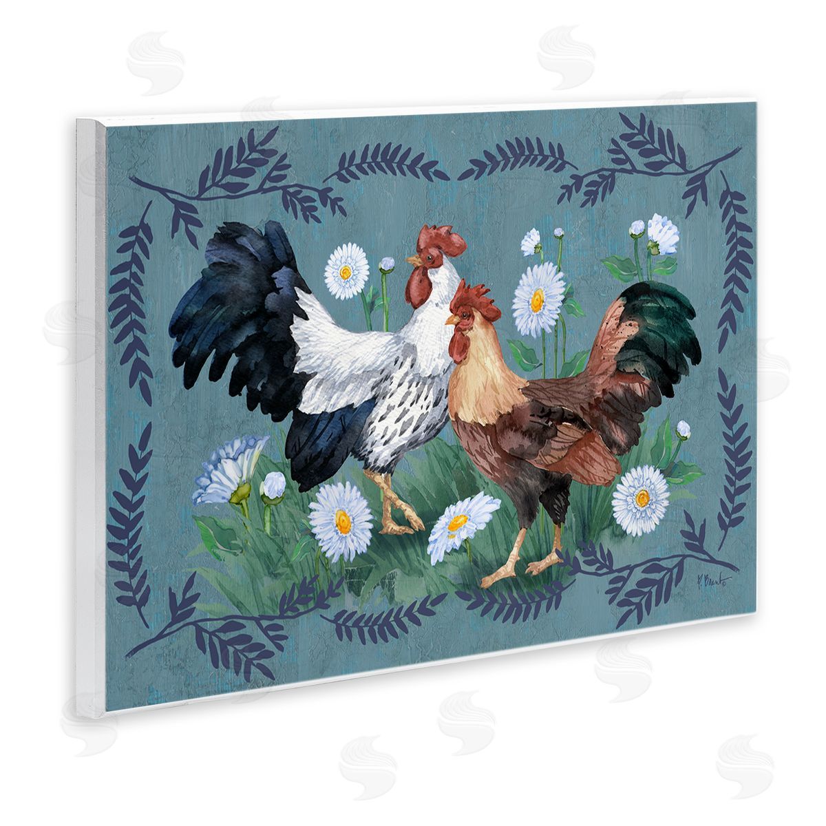 Roosters with Fern Trim Wood Plaque Wall Art, Home Decor by Paul Brent