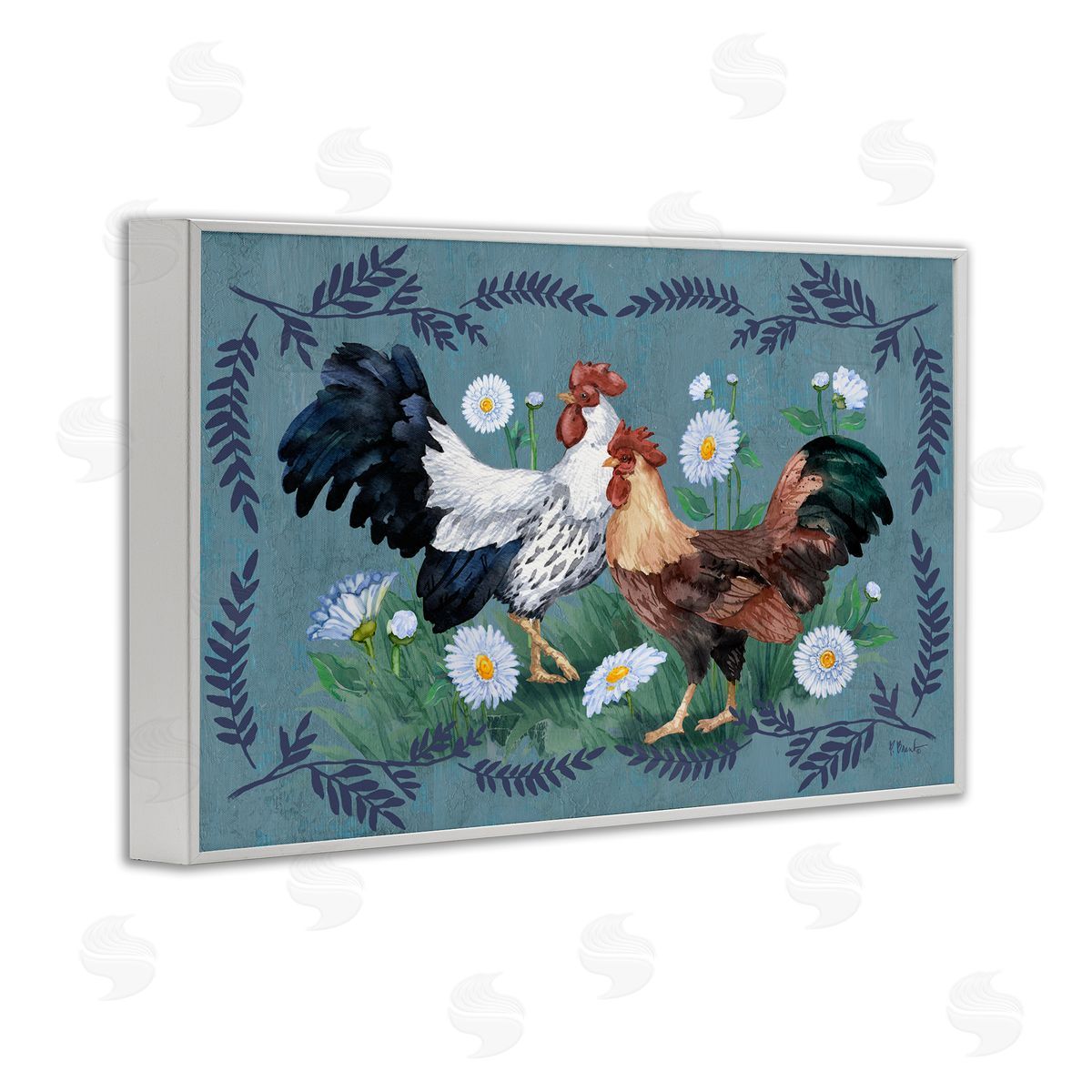 Roosters with Fern Trim White Frame Print Wall Art, Home Decor by Paul Brent