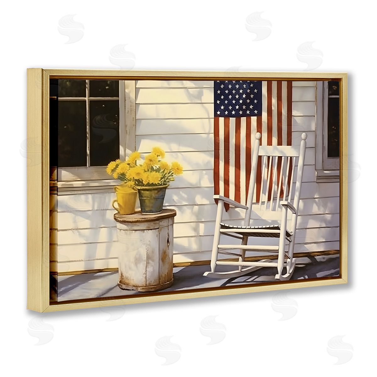 Americana Deco Scene Gold Floating Frame Canvas Wall Art, Home Decor by Petal Prints Design