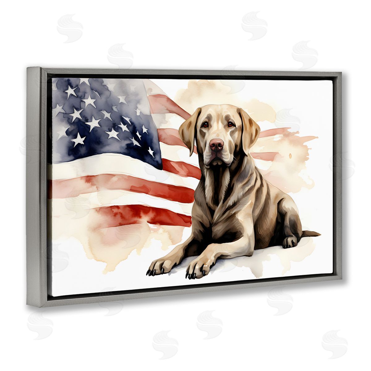 Patriotic Dog with Flag Grey Floating Frame Canvas Wall Art, Home Decor by Petal Prints Design