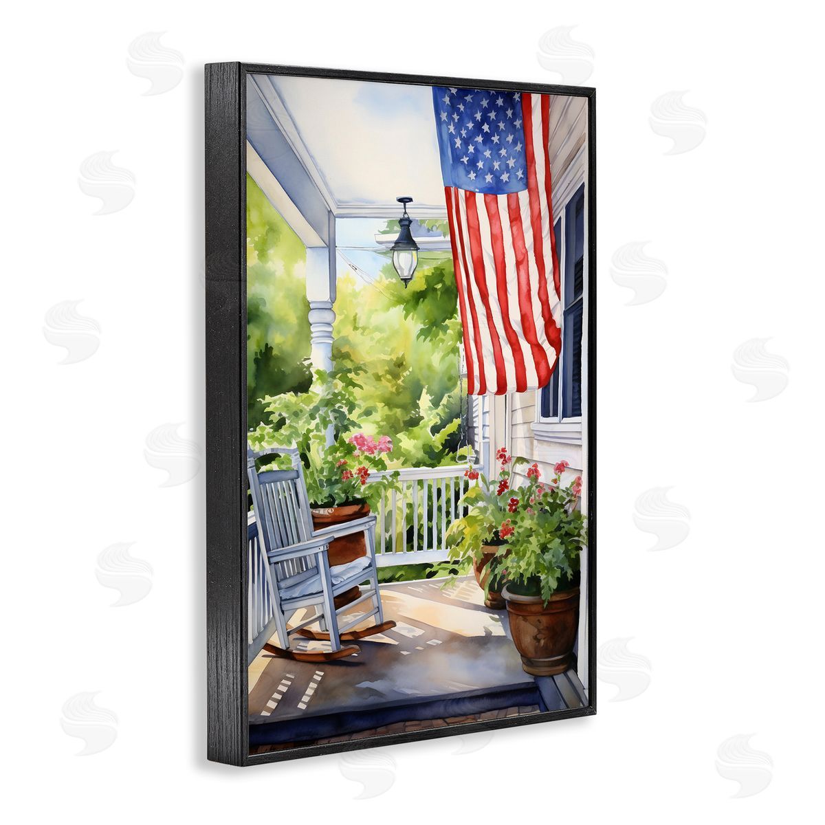 Patriotic Summer Porch Black Frame Print Wall Art, Home Decor by Petal Prints Design