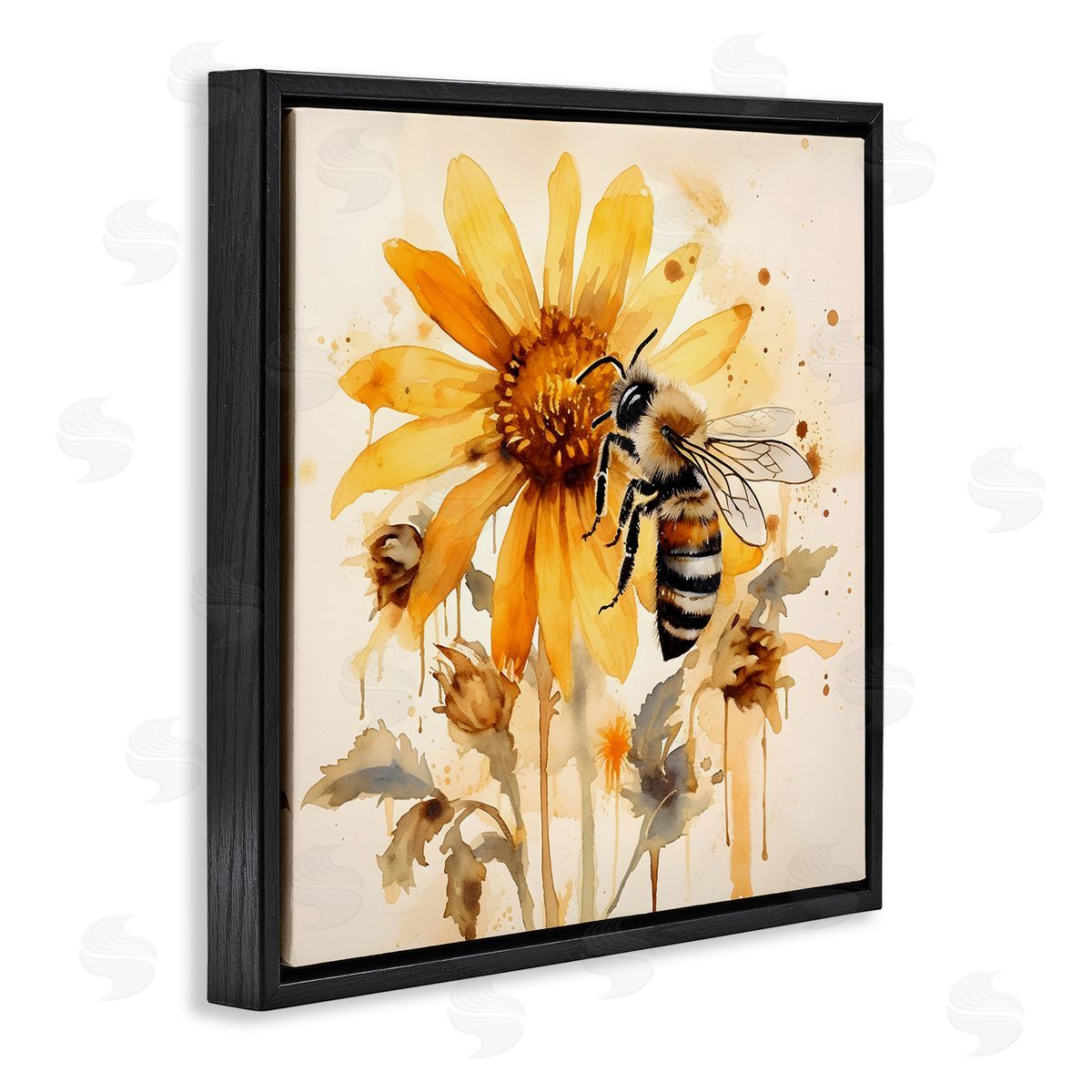 Busy Bee with Flower Black Floating Frame Canvas Wall Art, Home Decor by Petal Prints Design