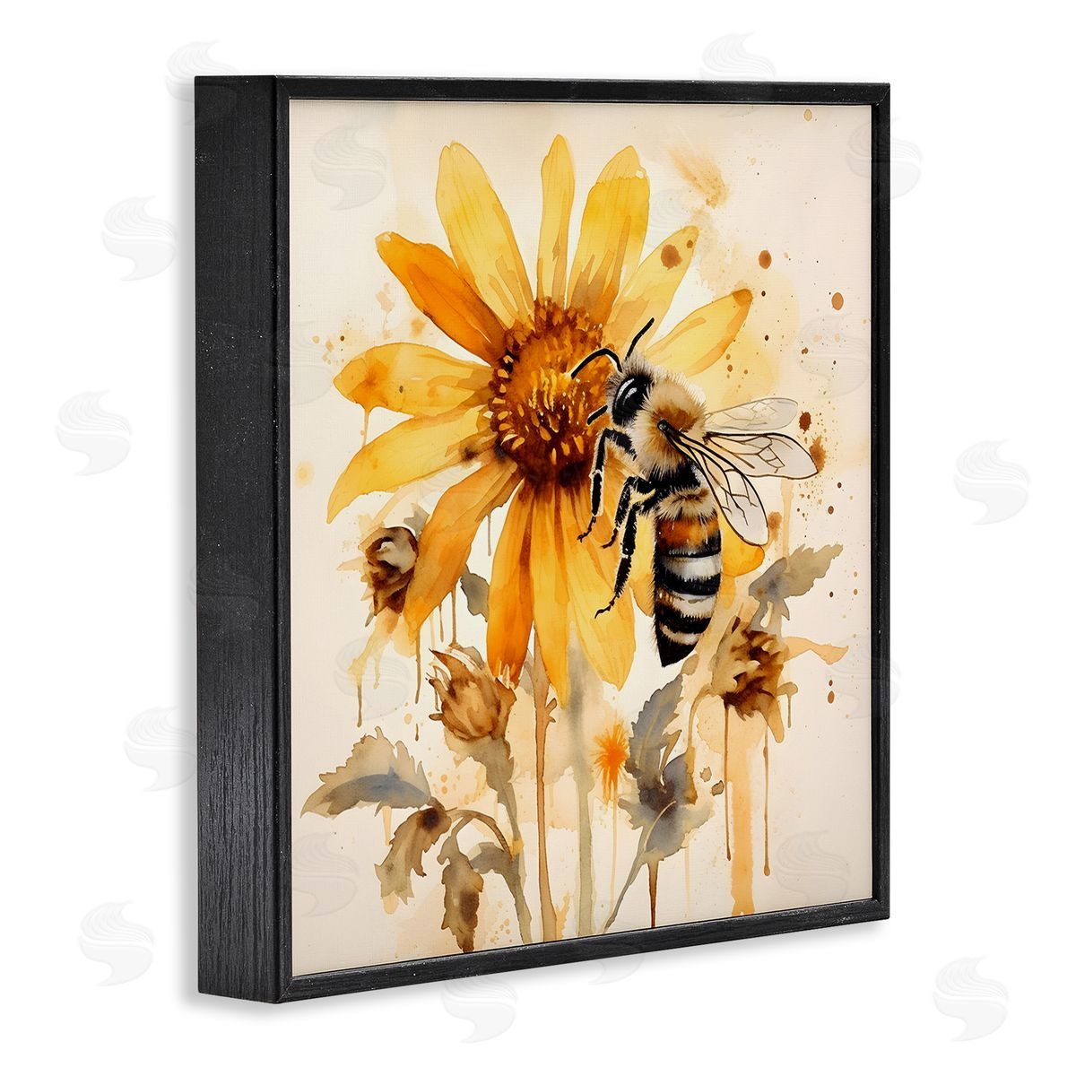 Busy Bee with Flower Black Frame Print Wall Art, Home Decor by Petal Prints Design