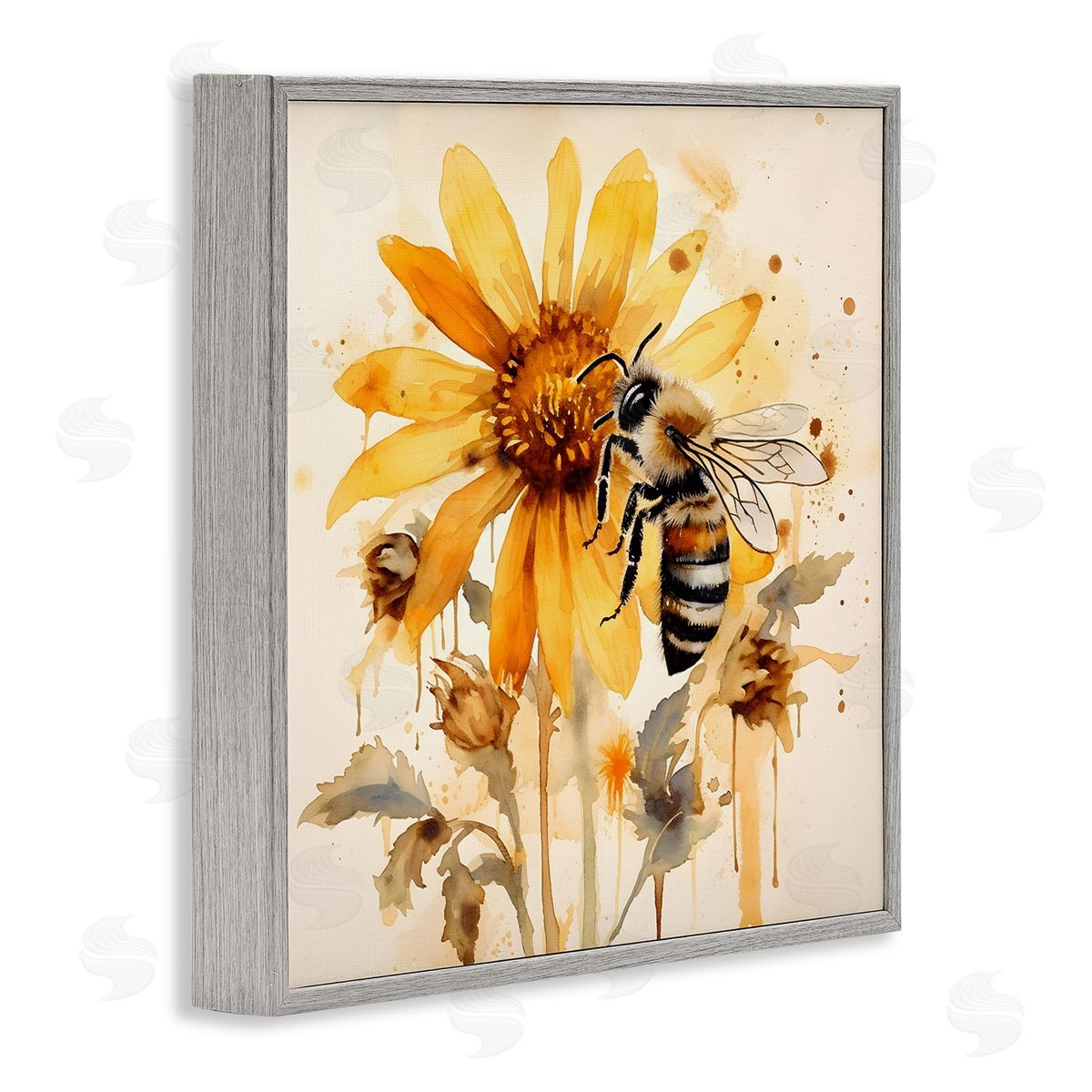 Busy Bee with Flower Grey Frame Print Wall Art, Home Decor by Petal Prints Design