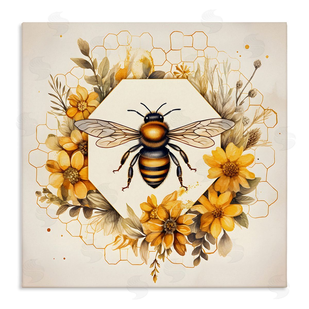 Hexagon Bee Wreath Canvas Wall Art, Home Decor by Petal Prints Design