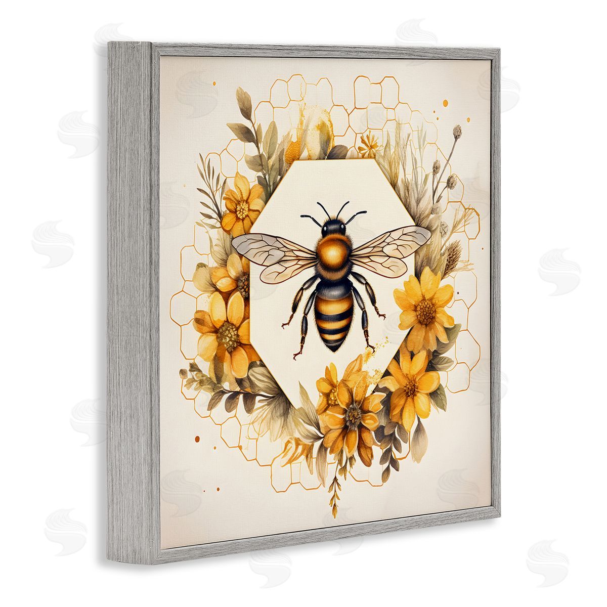 Hexagon Bee Wreath Grey Frame Print Wall Art, Home Decor by Petal Prints Design