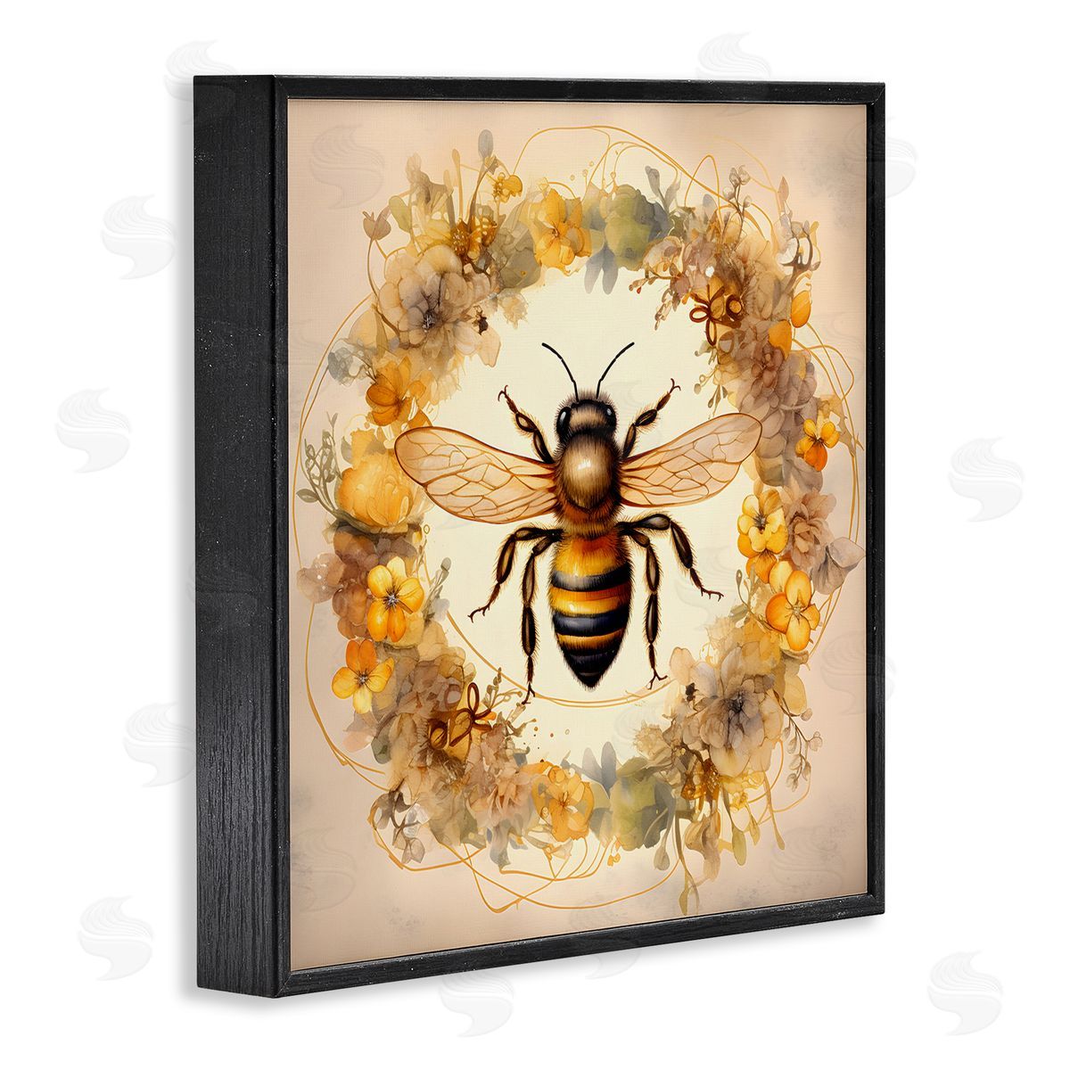 Country Bee Wreath Black Frame Print Wall Art, Home Decor by Petal Prints Design