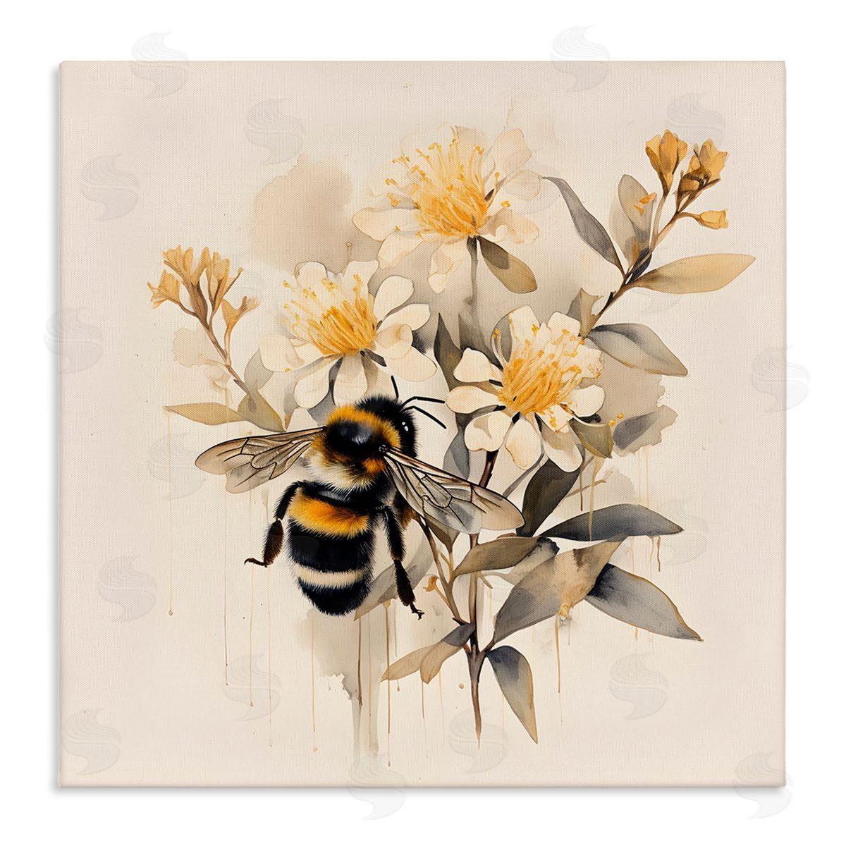 Honeybee with Daisies Canvas Wall Art, Home Decor by Petal Prints Design