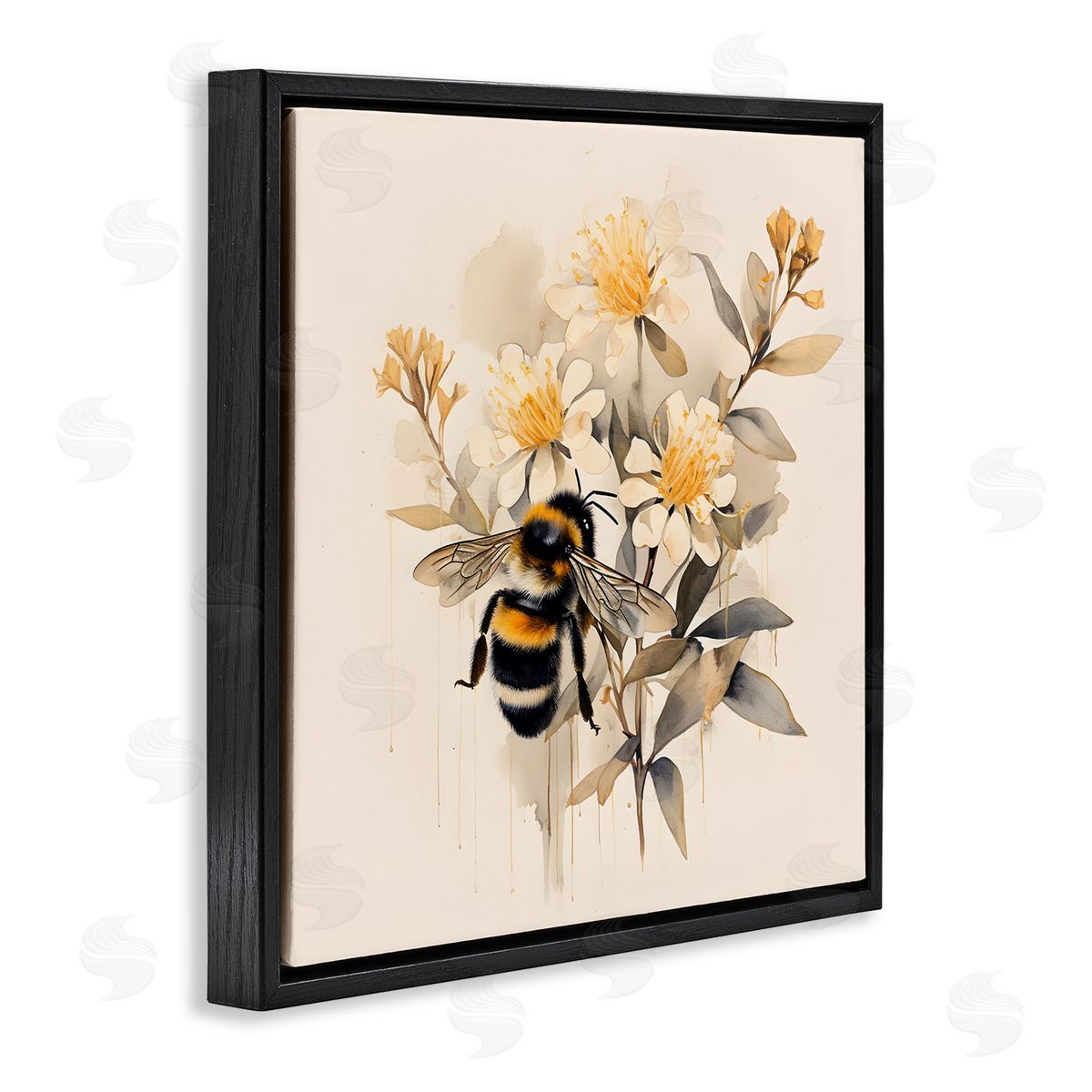Honeybee with Daisies Black Floating Frame Canvas Wall Art, Home Decor by Petal Prints Design