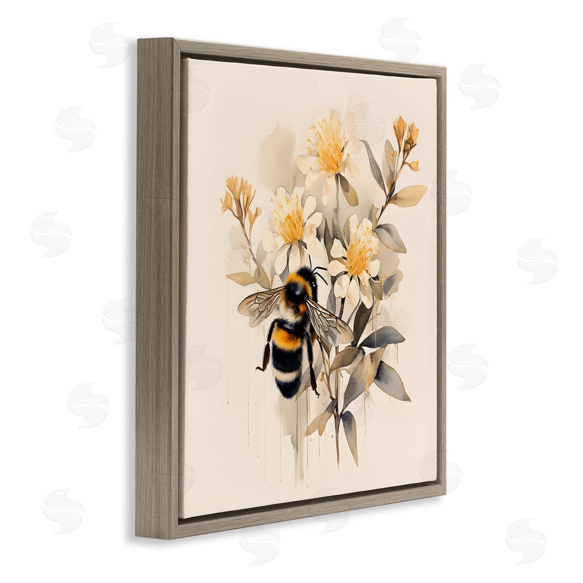 Honeybee with Daisies Brown Floating Frame Canvas Wall Art, Home Decor by Petal Prints Design